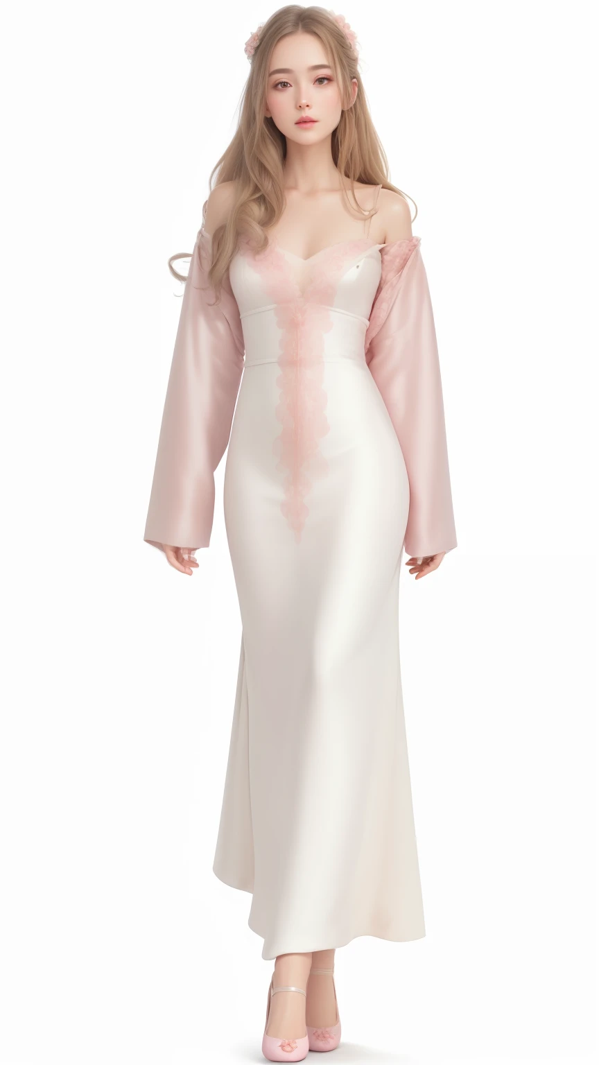 (best quality), big head, modest flowing gown, gorgeous aristocrat robe, romantic gown, satin, gown, wearing pink floral gown , White Pale Skin Tone , Light Brown Hair , Korean , Silk , Satin , Flat Shoes , White Pale SkinTone ,pink floral gown , Details UHD , 8K