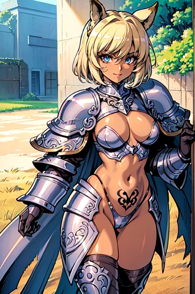 "(masterpiece:1.1), best quality, NSFW,
1girl, (80s anime style:1.3), (eyelashes:1.5), (:1.2),
(intricate high detailed body:1.2),
(blonde hair:1.1), (bangs:1.1), (short hair, twin bun:1.1), (animal ears:1.2),
blue eyes, (lip stick:1.3), (thick eyebrows:1.1),
(dark skin:1.5), (large breasts:1.1),
(angry, smile:1.2),
(string leotard armor, navel cutout, tattoo:1.2),
(knight armor, armored boots, capelet:1.2), (fur:1.1), (jewelry:1.1), necklace,
standing,
(upper body, cowboy shot, looking at viewer, from front:1.1),
(daytime, grassland, outdoors:1.2)"