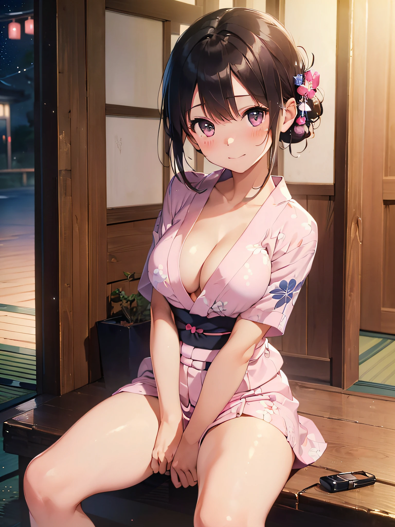 (​masterpiece:2.0), (top-quality:2.0), (sitting naked:1.5), (extremely mini skirt extremely small pink yukata:1.5), (super thin fabric:1.5), (sexypose:1.5), (blushed face:1.3), (barechested:1.3), (realistic:1.5), 1 , precise hands, Embarrassed look, light smile, Look at me and smile, extremely cute girl, innocent face, young face, Clear eyes, Shining eyes, small breast, (cleavage of the breast is visible:1.5), (the thighs is visible:1.5), The crotch is visible, No pubic hair, full body, The beautiful skin, ultra-definition, Top resolution, japan high school student, brown hair, at the night festival