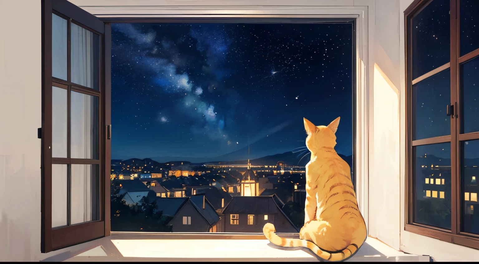 Top Quality masterpiece Yellow cat sitting on the windowsill and looking out the window 1,back-view, Large window with a view of the starry night sky,starlight,Cozy room(There are no people in this picture.)