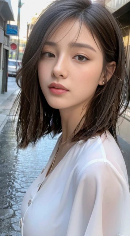 ((Best Quality, 8K, Masterpiece: 1.3)), Sharp: 1.2, Perfect Body Beauty: 1.4, Slim Abs: 1.2, ((Layered Hairstyle, Big Breasts: 1.2)), (Wet White Button Long Shirt: 1.1), (Rain, Street: 1.2), Wet: 1.5, Highly detailed face and skin texture, detailed eyes, double eyelids, side face looking at the camera