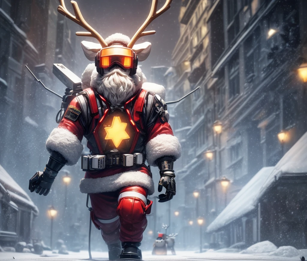 Reindeer, (blind box toy style:1.2), nuttcraker toy, (Full Body Shot) , 1 Transparent Santa claus, Behind him is a snowman and reindeer, snowflakes, Transparent mecha, Exquisite Helmet:1.2, glowing goggles:1.2, Cyberpunk, Dreamy Glow, Luminous neon lamp, clean, white background, ( Global illumination, raytracing, HDR, unreal render,reasonable design, high detailed, masterpiece, best quality, UHD, Cinematic Lighting)
