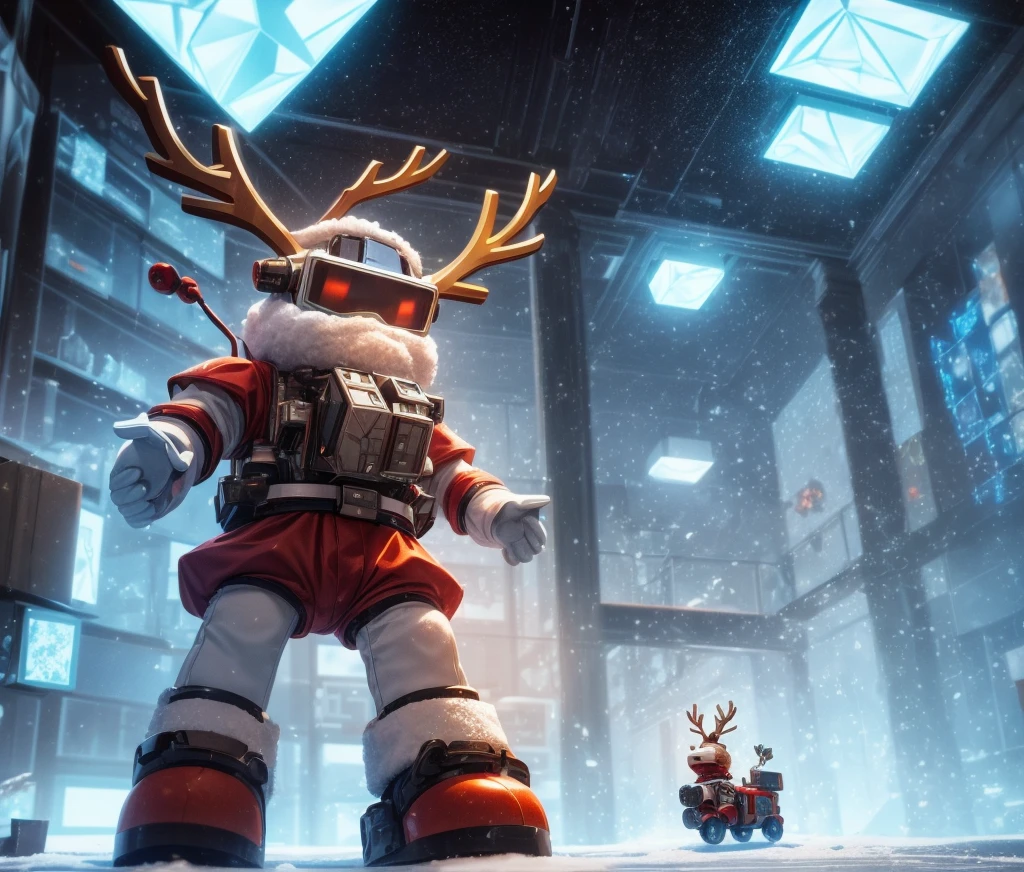 Reindeer, (blind box toy style:1.2), nuttcraker toy, (Full Body Shot) , 1 Transparent Santa claus, Behind him is a snowman and reindeer, snowflakes, Transparent mecha, Exquisite Helmet:1.2, glowing goggles:1.2, Cyberpunk, Dreamy Glow, Luminous neon lamp, clean, white background, ( Global illumination, raytracing, HDR, unreal render,reasonable design, high detailed, masterpiece, best quality, UHD, Cinematic Lighting)