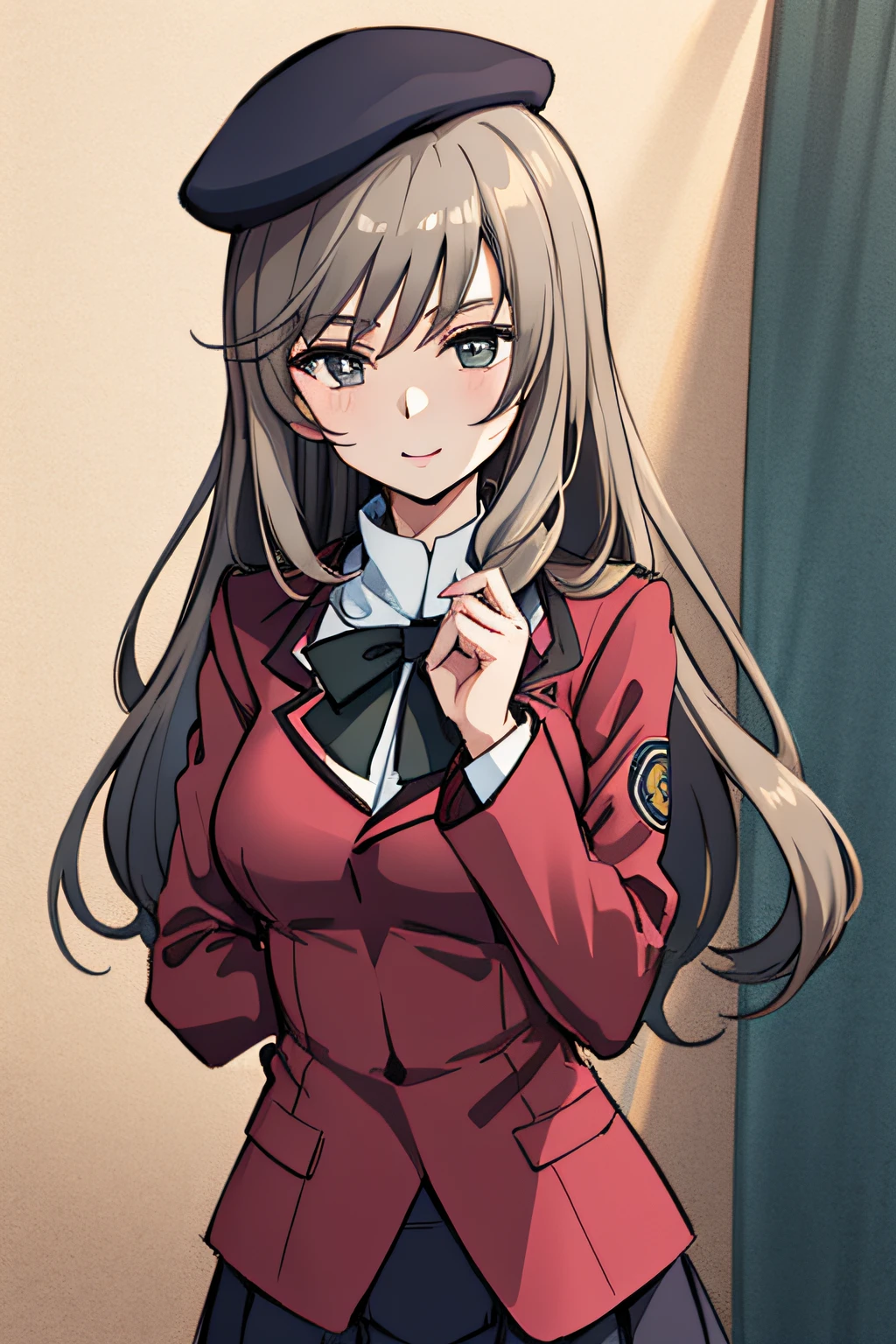 (masterpiece), (best quality),shimada_chiyo,long hair,bang hair,from front,(looking at viewer),school uniform,beret