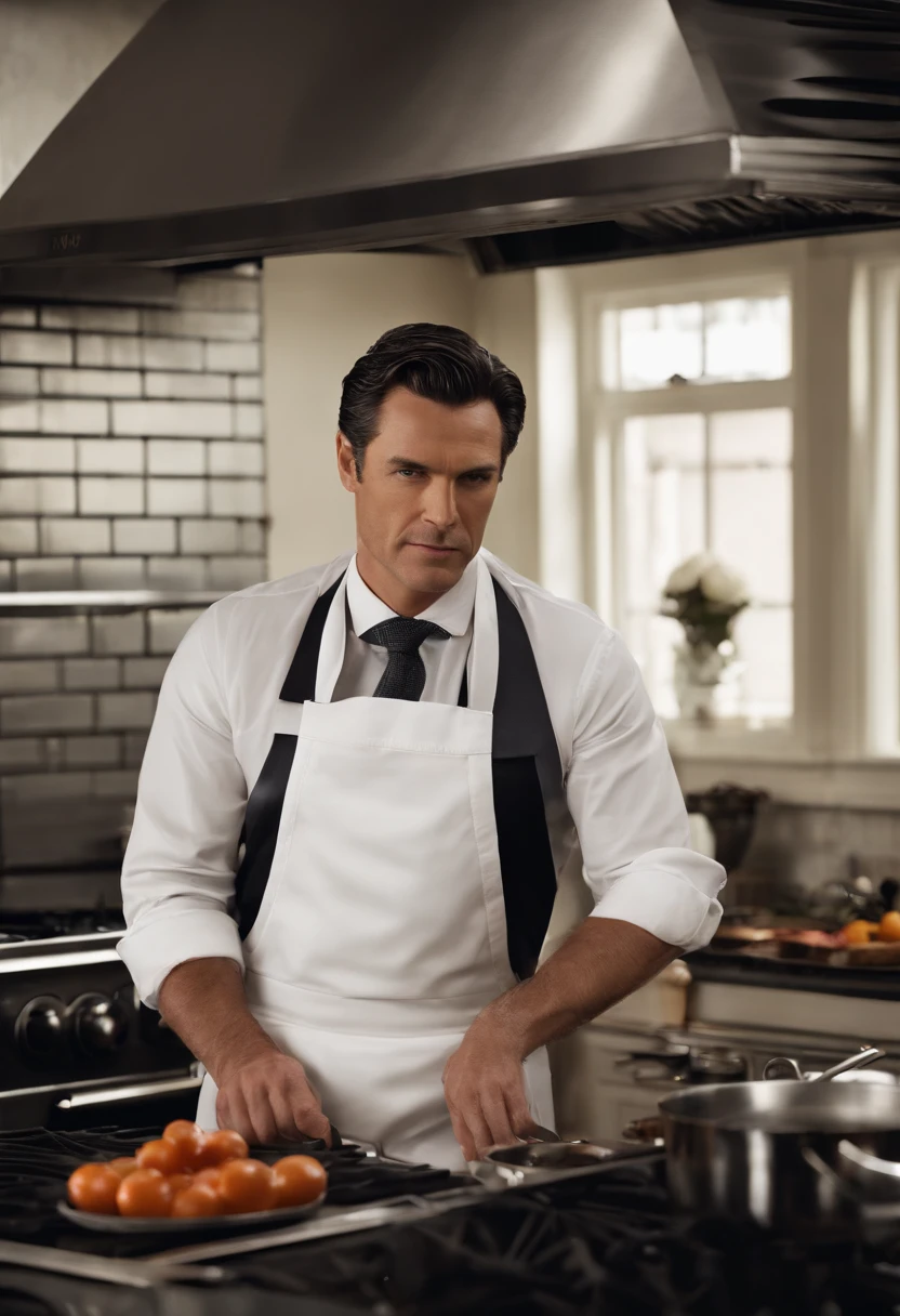 A photo of Bruce Wayne in a chef's apron, passionately cooking in a professional kitchen.,Batman,Bruce Wayne, the man behind the Batman persona, is a striking figure with a tall, athletic build and sharp, handsome features, often dressed in the finest suits as befitting his status as a billionaire playboy. His dark hair and piercing gaze give him a commanding presence, yet there’s always a hint of the enigmatic in his demeanor.