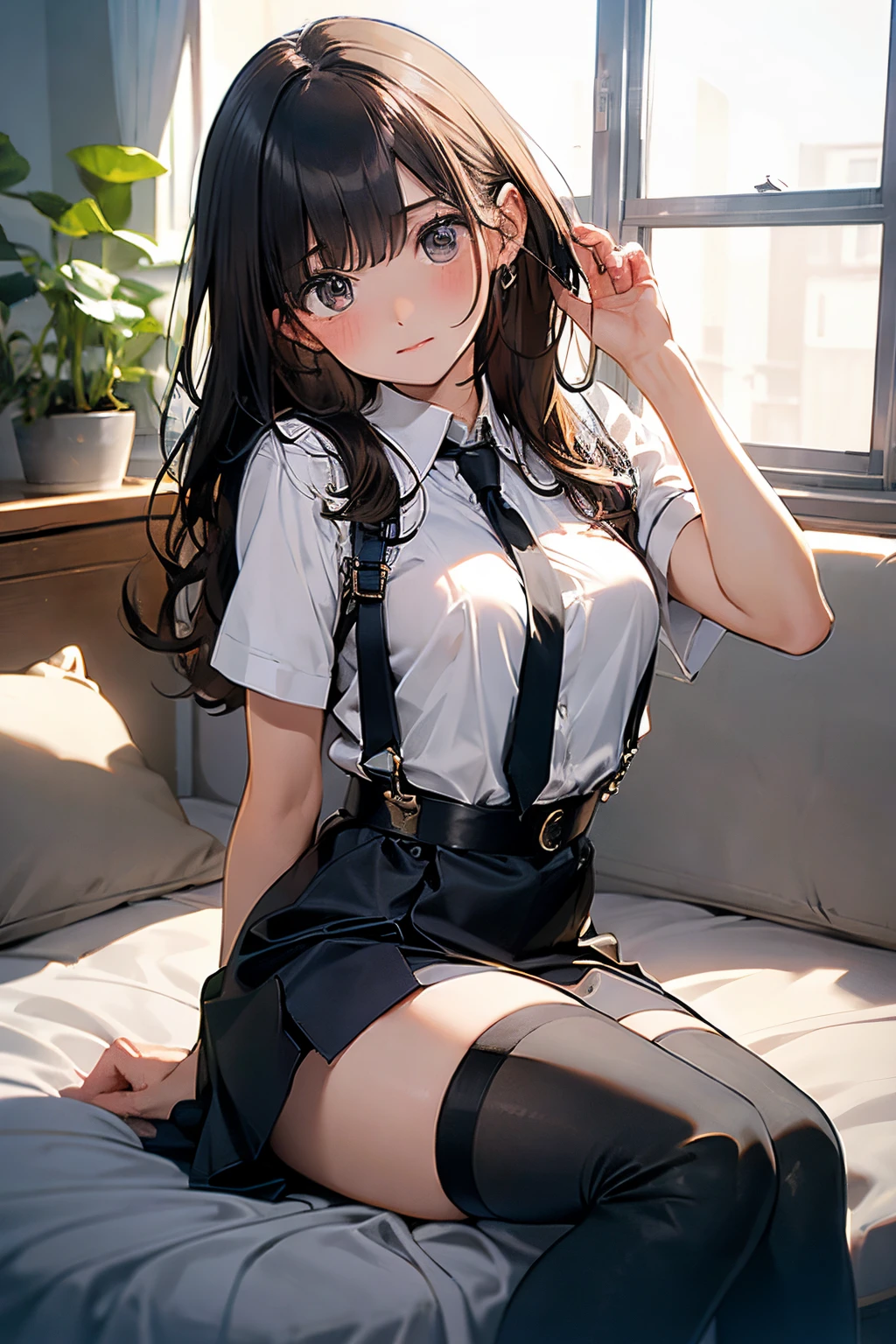 Brown hair、watching at viewers　　　black suspenders　　　Bulging big breasts　　 　 　　　walls: 　Black miniskirt　garters　　　　　　Gaze　　　Small face　bangss 　　　holster　　　Beautuful Women　　hands up　　Leg holster lying on the bed　　Gaze 　black boots panty shot