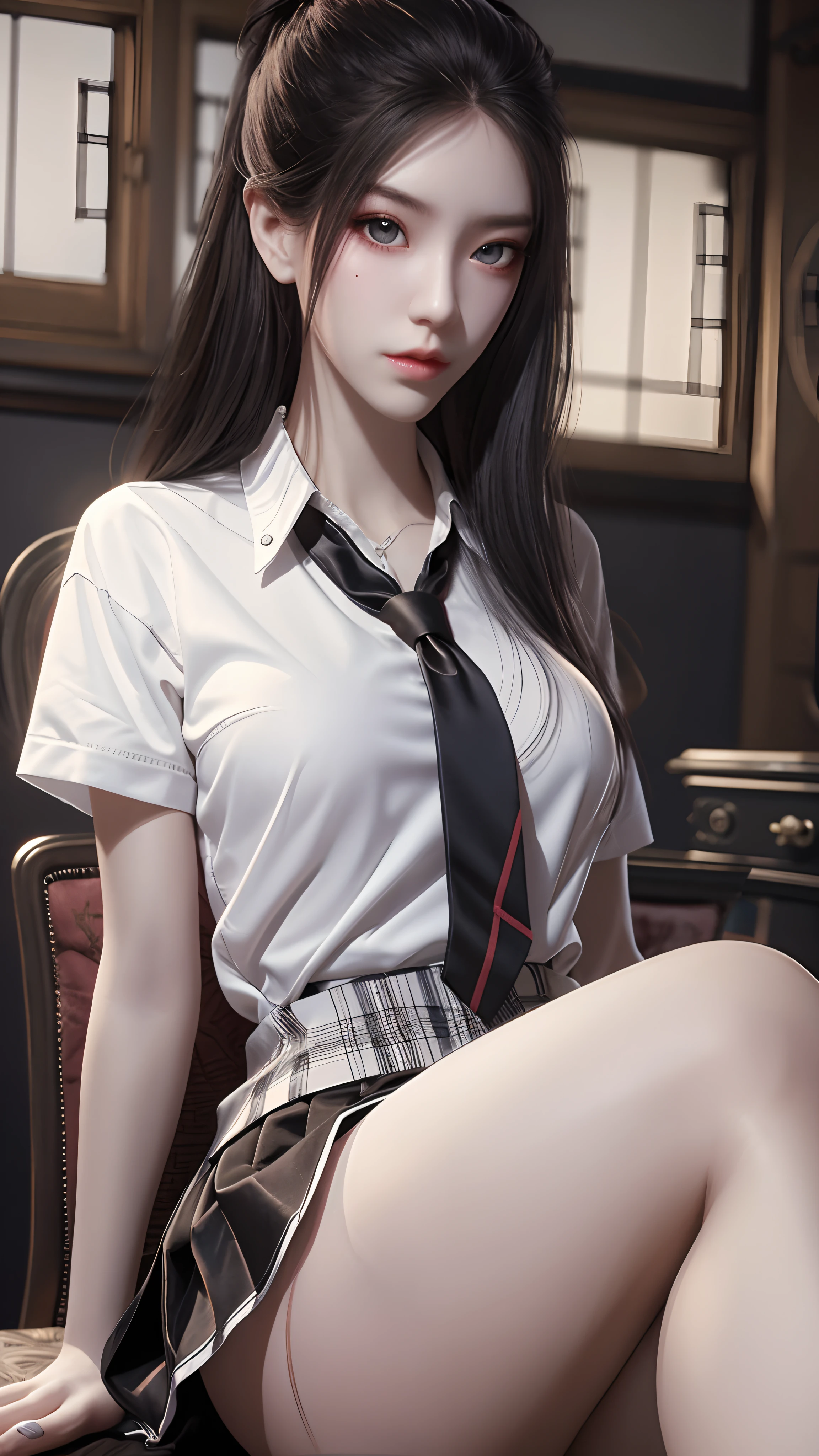 ultra realistic 8k cg, picture-perfect face, flawless, clean, masterpiece, professional artwork, famous artwork, perfect face, beautiful face, beautiful eyes, ((perfect female body)), solo,(immersive atmosphere, chiaroscuro:1.5,bright light:1.2,luminous lighting)
,,(blush:0.5),seductive expression,extremely detailed_eyes,thick thighs,large breasts,
beautifully detailed background,depth of field,realistic:1.3, long shot,1girl,shirt,pleated skirt, school uniform, sitting, full body,
(ambient light:1.3),(cinematic composition:1.3),(neon lights:0.1),(HDR:0.1),Accent Lighting, white pantyhose,