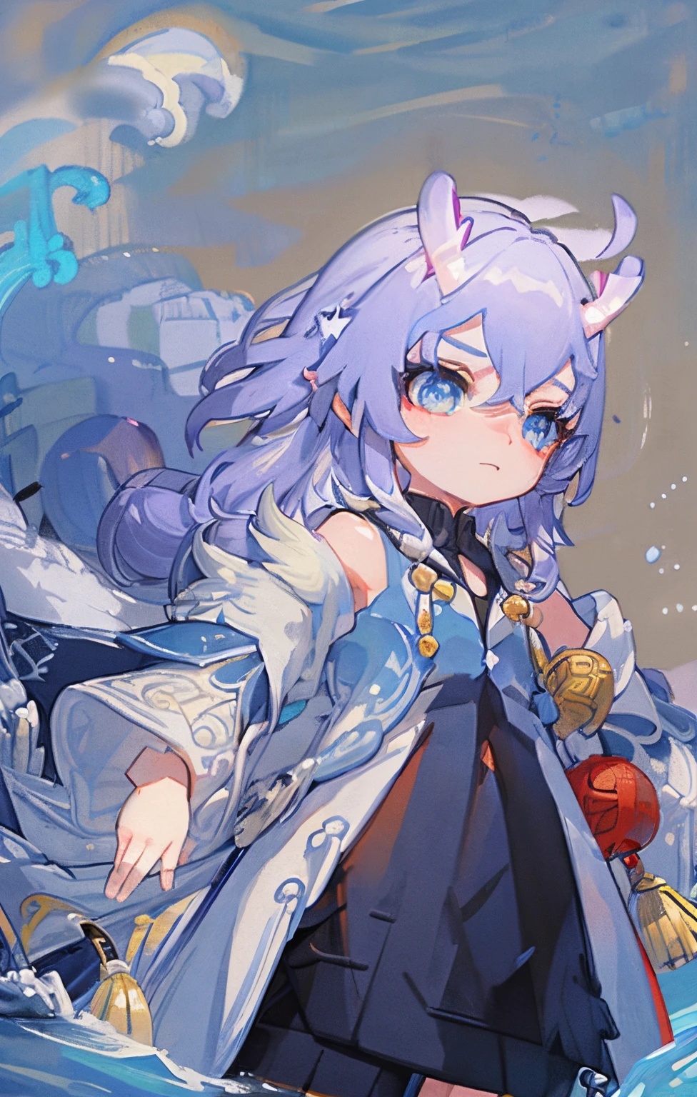 (best quality:1.3),(masterpiece:1.3),(illustration:1.3),(ultra-detailed:1.3),(imid shot:0.9), 

1girl, solo, very young, upper body, short neck, small breasts, child

 (soaking in stream:1.2), 

dragon tail, female child, ahoge, 

blue eyes, jewel-like eyes, extremely detailed eyes, extremely detailed face,  closed mouth, light smile, 
water, fish, ocean, horns , Chinese clothes, eastern dragon,