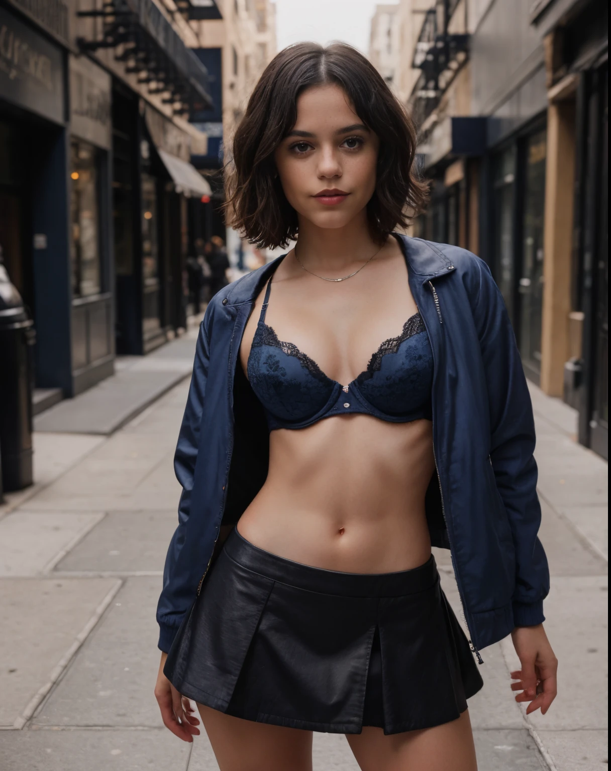 Photo of jortega up close in her dark blue cut jacket, blue bra, black short skirt, model posing, rubing her abdomen, solo, blue eyes, reverse bob haircut, medium breasts, full body, muscular abdomen, looking towards her own stomach, in the ally of New York, warm atmosphere, photograph, photoshoot, Captured by Panavision Panaflex Platinum Camera with Panavision Primo Primes Spherical Lens 75mm T1.9