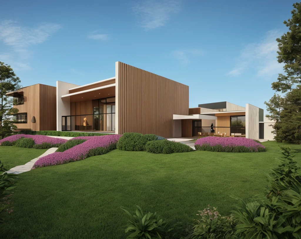 Realistic images, extremely detailed, a modern house, 1 road in font of house, large yard made by ceramic, (1 car), brick fence, lawn, a few small flowers, a road in front of the house, main materials of the house are white walls and red brick, Modern design, clear blue sky, sunrise light, light from inside, dynamic light,shimering light, cinematic light, romantic feeling, (((day light, warm light))), (((warm light indoor 0.5))).