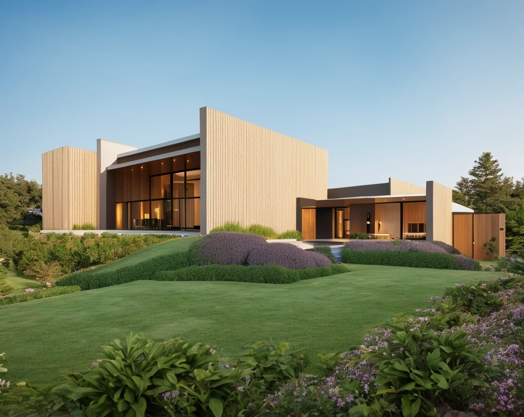 Realistic images, extremely detailed, a modern house, 1 road in font of house, large yard made by ceramic, (1 car), brick fence, lawn, a few small flowers, a road in front of the house, main materials of the house are white walls and red brick, Modern design, clear blue sky, sunrise light, light from inside, dynamic light,shimering light, cinematic light, romantic feeling, (((day light, warm light))), (((warm light indoor 0.5))).