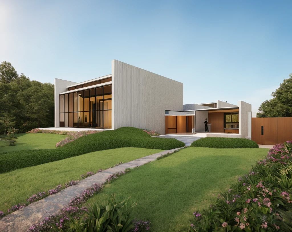 Realistic images, extremely detailed, a modern house, 1 road in font of house, large yard made by ceramic, (1 car), brick fence, lawn, a few small flowers, a road in front of the house, main materials of the house are white walls and red brick, Modern design, clear blue sky, sunrise light, light from inside, dynamic light,shimering light, cinematic light, romantic feeling, (((day light, warm light))), (((warm light indoor 0.5))).