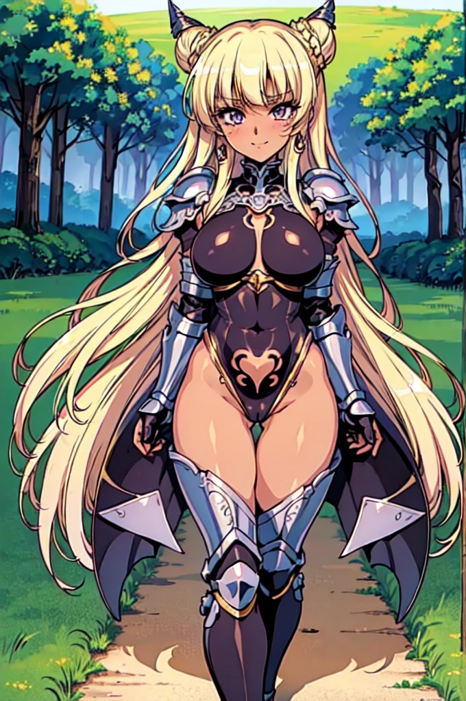 "(masterpiece:1.1), best quality, NSFW,
1girl, (80s anime style:1.3), (eyelashes:1.5), (:1.2),
(intricate high detailed body:1.2),
(blonde hair:1.1), (blunt bangs:1.1), (long hair, twin bun:1.1), (hair ribbon:1.2),
purple eyes,
(dark skin:1.5), (huge breasts:1.1),
(angry, smile:1.2),
(lace leotard armor, navel cutout, tattoo:1.2),
(knight armor, armored boots:1.2), (suspenders:1.1), (earrings:1.1), gauntlets,
standing, arms behind back,
(full body:0.5), (looking at viewer, from front:1.1),
(daytime, grassland, outdoors:1.2)"
