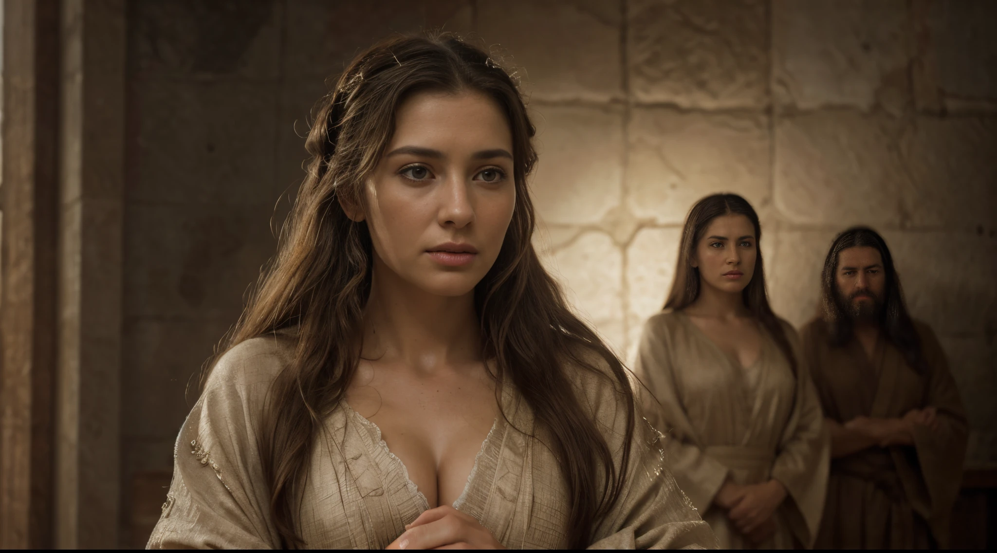 (best quality,4k,8k,highres,masterpiece:1.2),ultra-detailed,(realistic,photorealistic,photo-realistic:1.37),beautiful woman from biblical times,ancient times,accusing a man,expressive face,dramatic lighting,old parchment texture,ancient world,religious setting,strong emotions,detailed clothes,flowing robes,wrinkled face,long beard