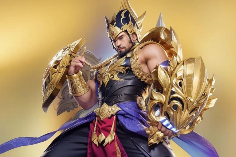 Indonesian man, star on the chest, moscular body, big Shield on the hand