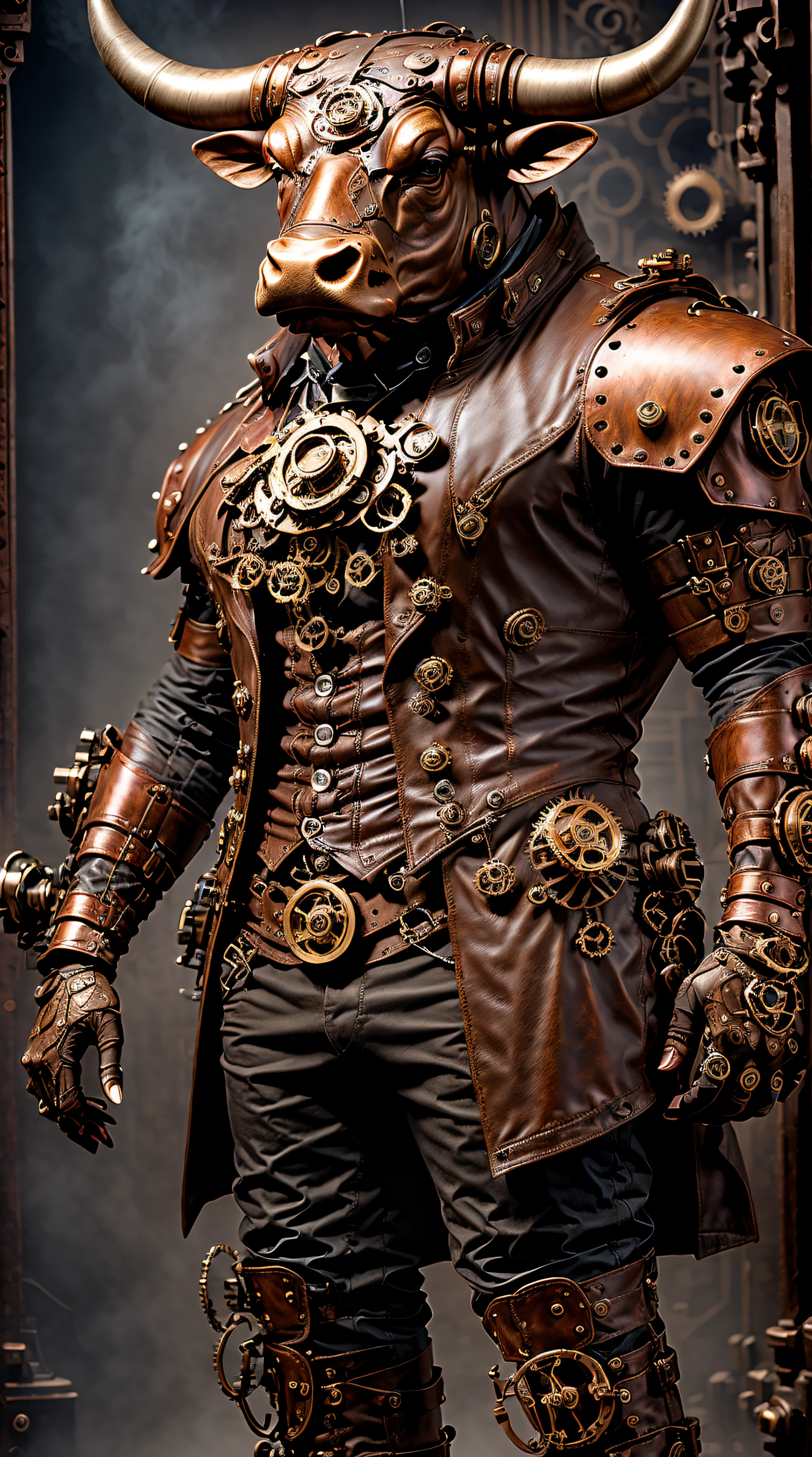 steampunc，((Anthropomorphic bull))，musculous，Steampunk clothing，Mechanical gears integrated into clothing，Intricate patterns on clothing，(sturdy leather boots)，Steam power accessories，Brass buttons and buckles、copper accents、metal arm gloves、Gears and cogs protruding from the arms、Smoke and steam emitted by characters、melancholy lighting、Dark and atmospheric background、Rusty metal texture、Vintage color palette、Tough and rugged aesthetic、Energetic posture、Art Nouveau inspiration，dramatic shadow，intricate tattoos。（best qualtiy，4k，8k，Tall structures，tmasterpiece：1.2）。