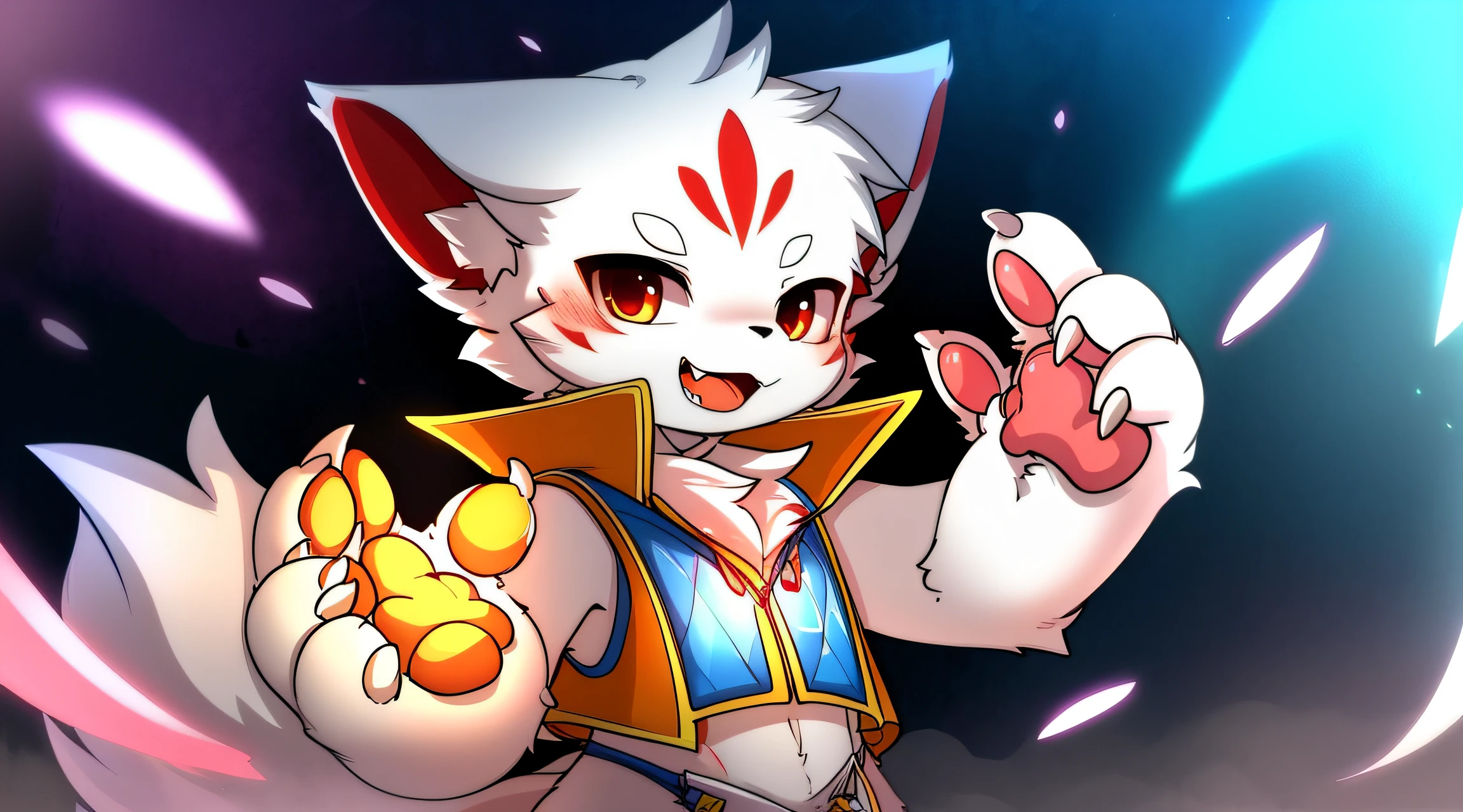 by huolongguo, bykekitopu, full bodyesbian, White fur, (Fangs out), clawed paws, Combat posture, clawed paws, Animal hands, raise index finger, (Be red in the face), face markings, bodypainting, Furry boy, cub, 围巾, (vests), rest making art, BREAK BREAK BREAK (tmasterpiece:1.2), (Best quality at best), (Alone:1.2)