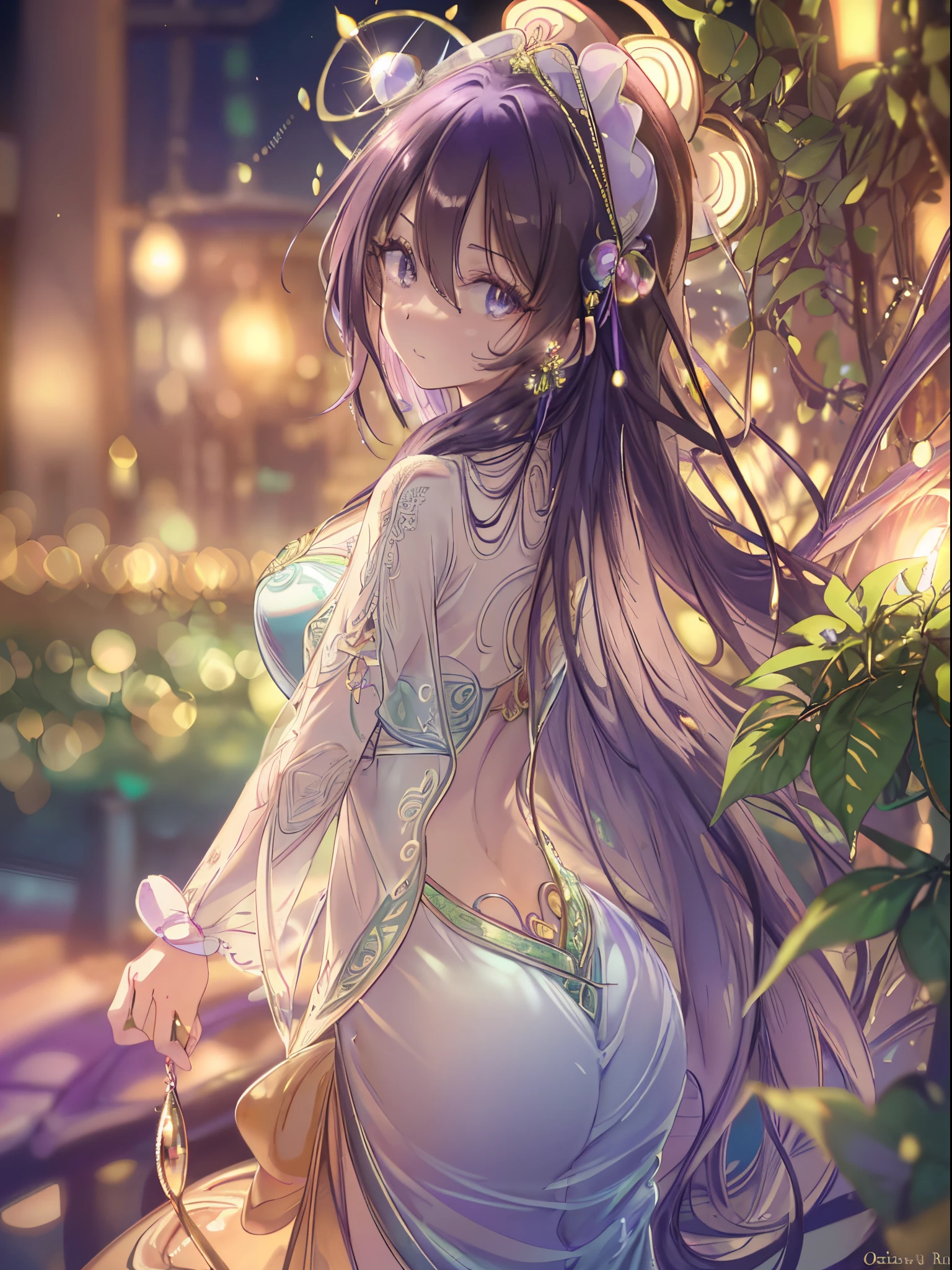 High definition RAW color art, Animation,sculptures, leprechaun marble crust, (((Ultra detailed elegant))), Magical atmosphere, (Detailed skin, Texture (Intricately detailed, Fine detail, ultra-detailed), depth of field, Bokeh, Silky Touch, Hyper Detail, neon city, pastel purple, checkered road, kirakira effect, Rear view