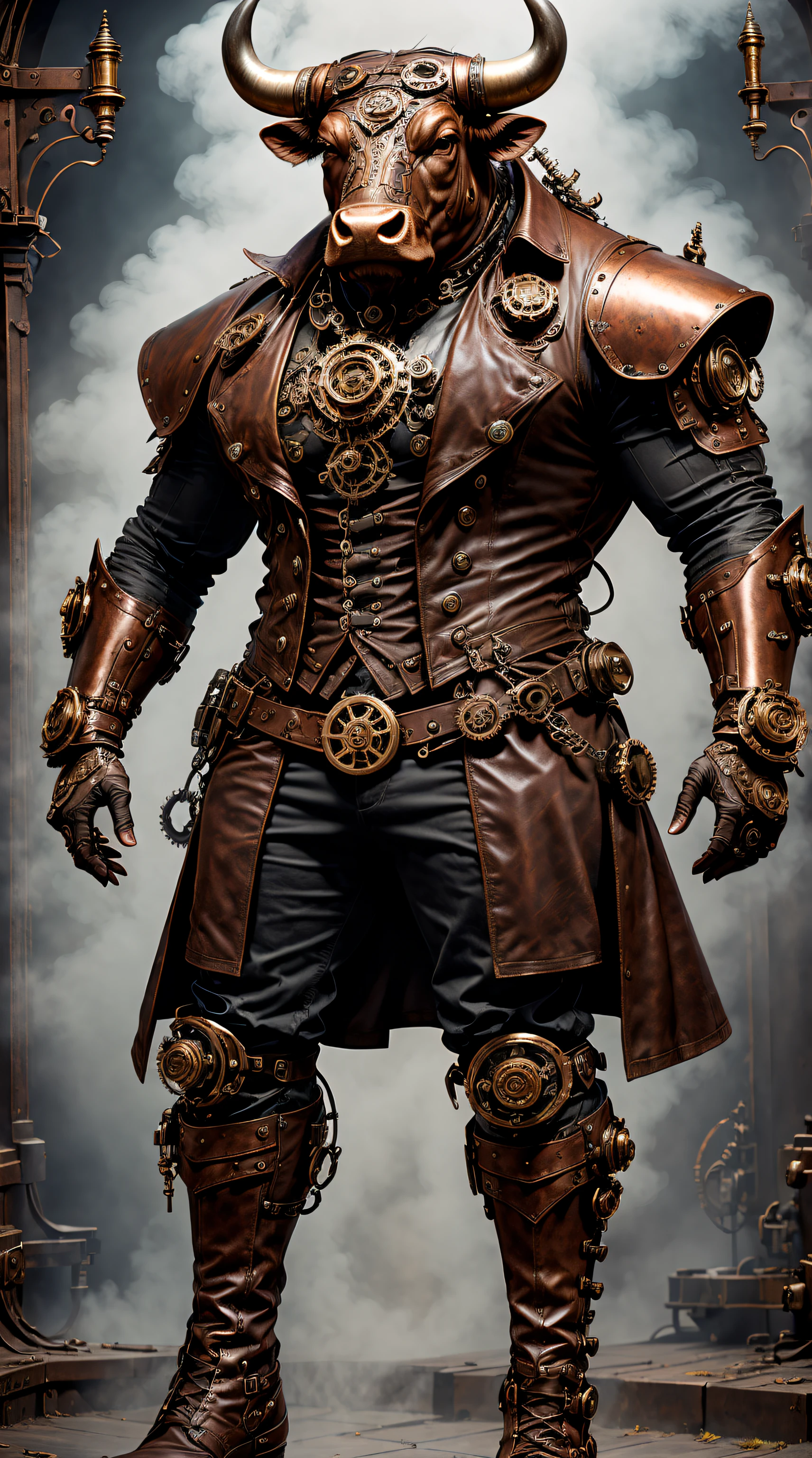 steampunc，((Anthropomorphic bull))，musculous，Steampunk clothing，Mechanical gears integrated into clothing，Intricate patterns on clothing，(sturdy leather boots)，Steam power accessories，Brass buttons and buckles、copper accents、metal arm gloves、Gears and cogs protruding from the arms、Smoke and steam emitted by characters、melancholy lighting、Dark and atmospheric background、Rusty metal texture、Vintage color palette、Tough and rugged aesthetic、Energetic posture、Art Nouveau inspiration，dramatic shadow，intricate tattoos。（best qualtiy，4k，8k，Tall structures，tmasterpiece：1.2）。