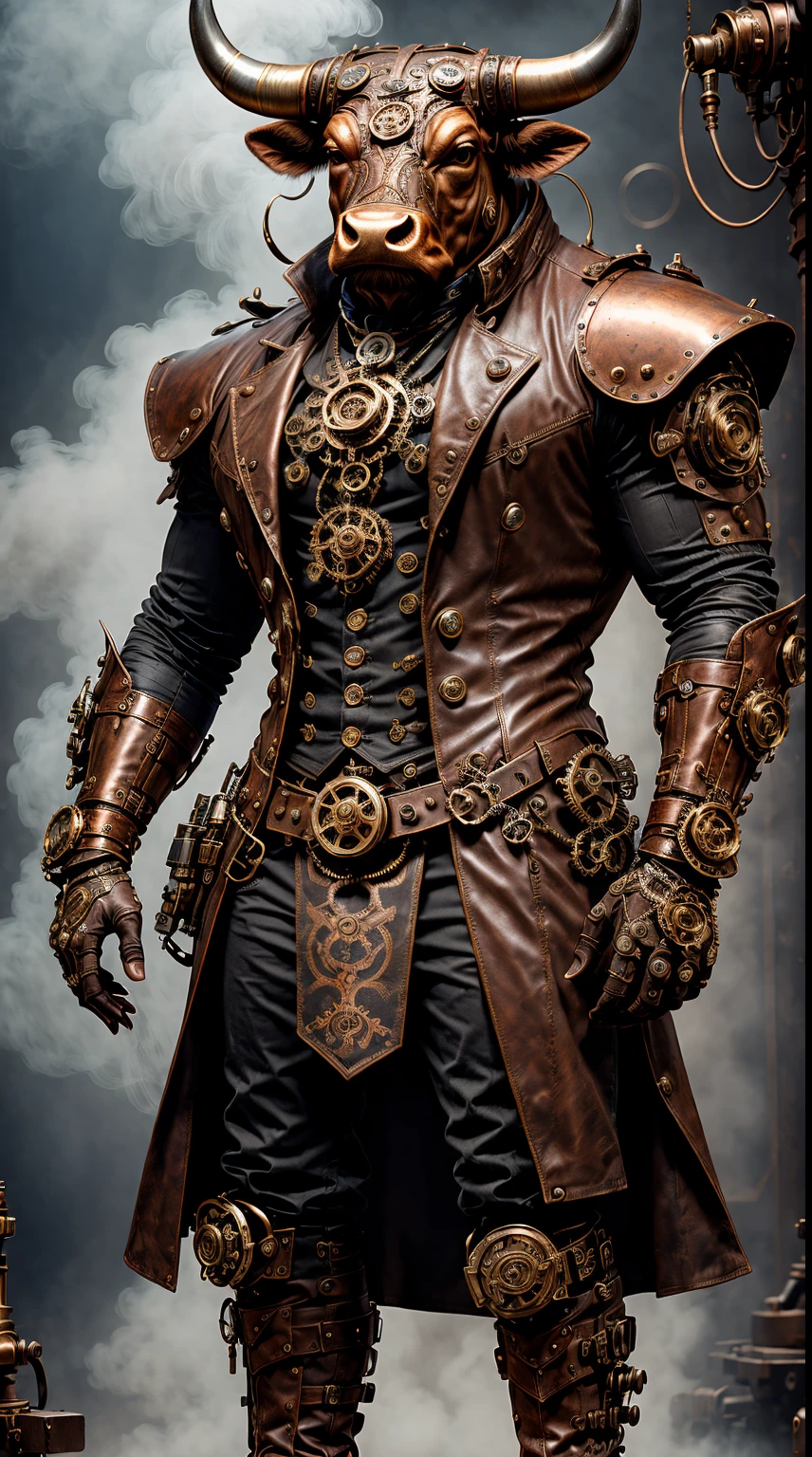 steampunc，((anthropomorphic bull))，Muscular，Steampunk clothing，Mechanical gears integrated into clothing，Intricate patterns on clothes，(sturdy leather boots)，Steam power accessories，Brass buttons and buckles、copper ornaments、metal arm gloves、Gears and gears protrude from the arms、Smoke and steam emitted by figures、melancholy lighting、dark atmospheric background、Rusty metallic texture、Vintage color palette、Tough and rugged aesthetics、Energetic posture、art nouveau inspiration，Dramatic shadows，intricate tattoos。（Best quality，4K，8K，Tall structures，tmasterpiece：1.2）。