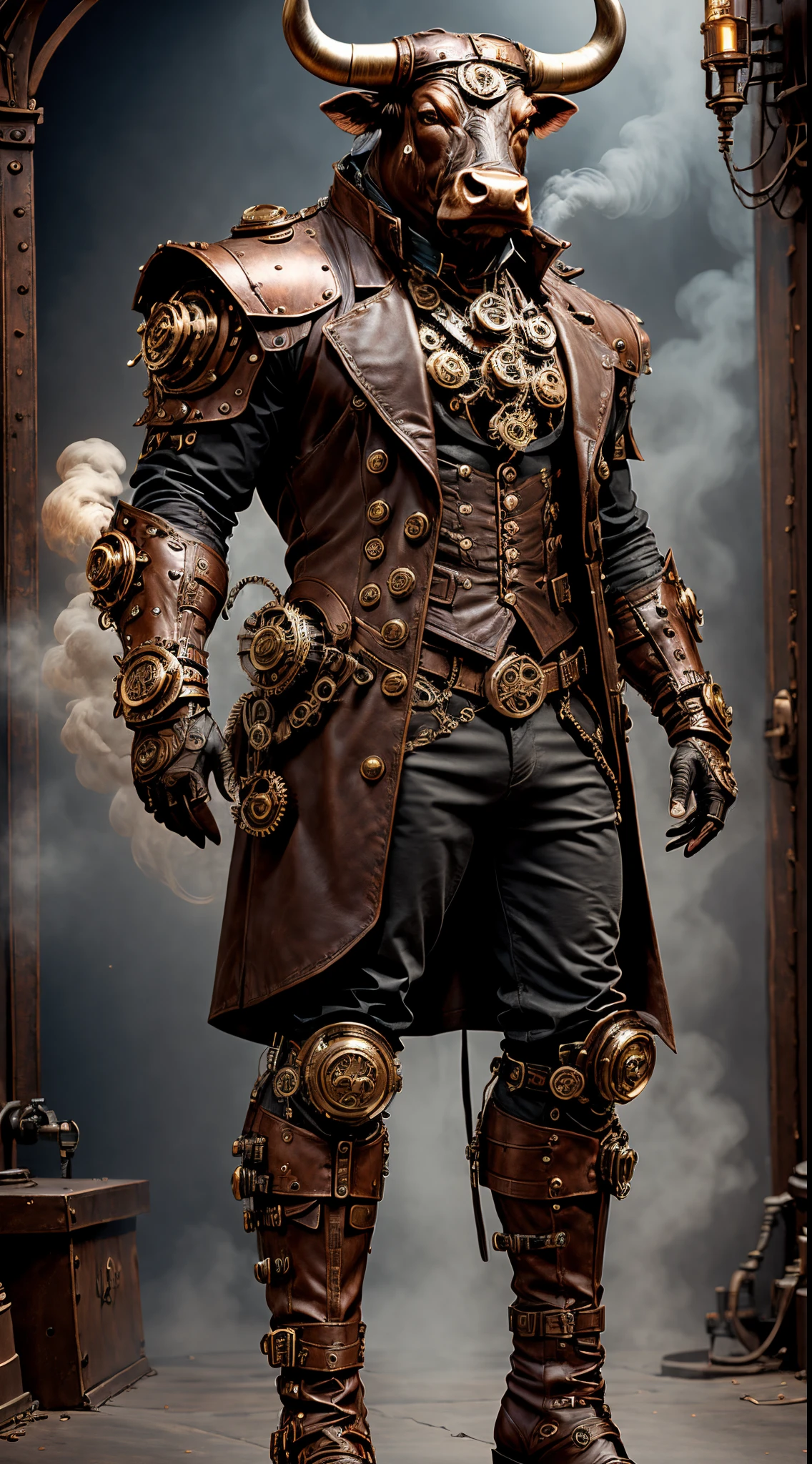 steampunc，((anthropomorphic bull))，Muscular，Steampunk clothing，Mechanical gears integrated into clothing，Intricate patterns on clothes，(sturdy leather boots)，Steam power accessories，Brass buttons and buckles、copper ornaments、metal arm gloves、Gears and gears protrude from the arms、Smoke and steam emitted by figures、melancholy lighting、dark atmospheric background、Rusty metallic texture、Vintage color palette、Tough and rugged aesthetics、Energetic posture、art nouveau inspiration，Dramatic shadows，intricate tattoos。（Best quality，4K，8K，Tall structures，tmasterpiece：1.2）。