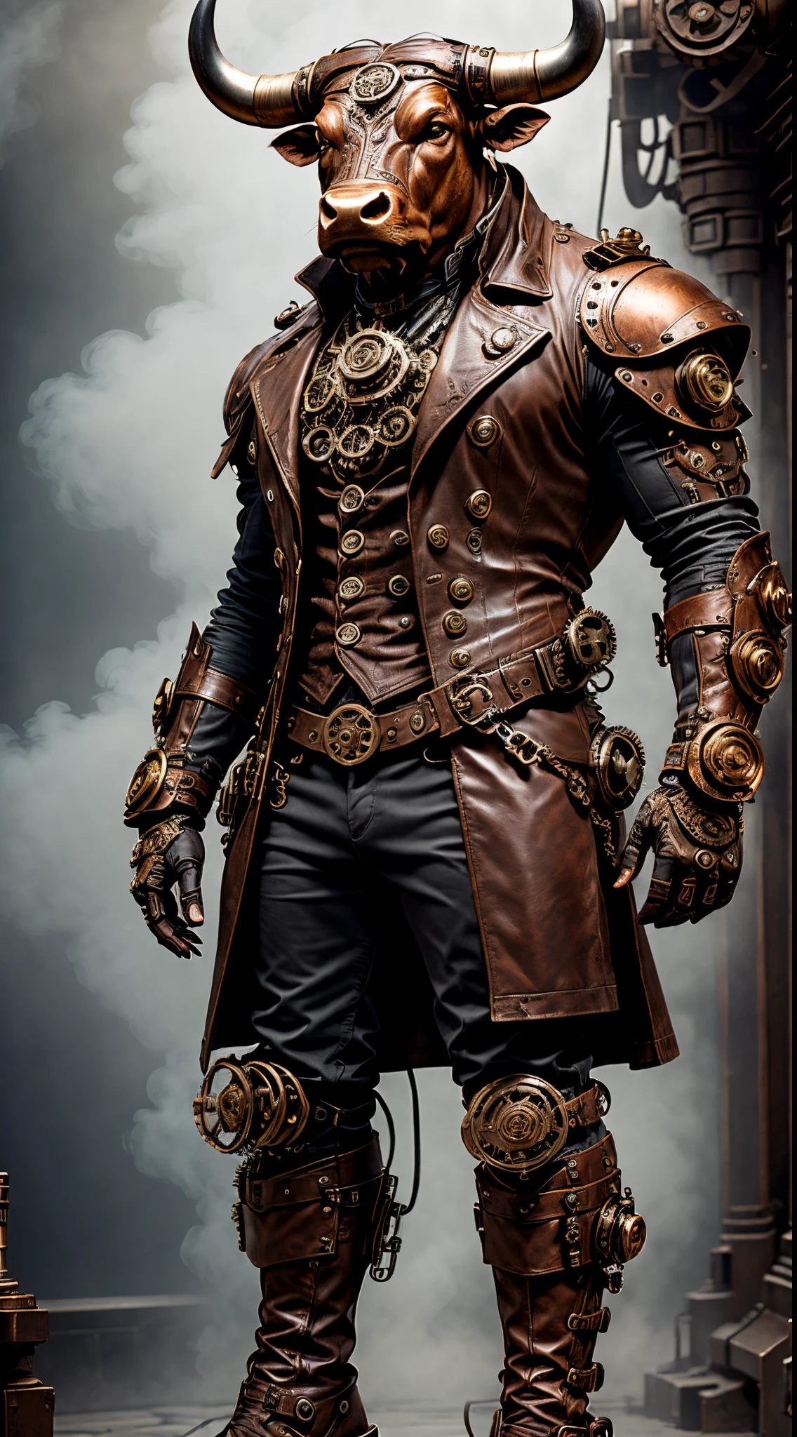 steampunc，((anthropomorphic bull))，Muscular，Steampunk clothing，Mechanical gears integrated into clothing，Intricate patterns on clothes，(sturdy leather boots)，Steam power accessories，Brass buttons and buckles、copper ornaments、metal arm gloves、Gears and gears protrude from the arms、Smoke and steam emitted by figures、melancholy lighting、dark atmospheric background、Rusty metallic texture、Vintage color palette、Tough and rugged aesthetics、Energetic posture、art nouveau inspiration，Dramatic shadows，intricate tattoos。（Best quality，4K，8K，Tall structures，tmasterpiece：1.2）。