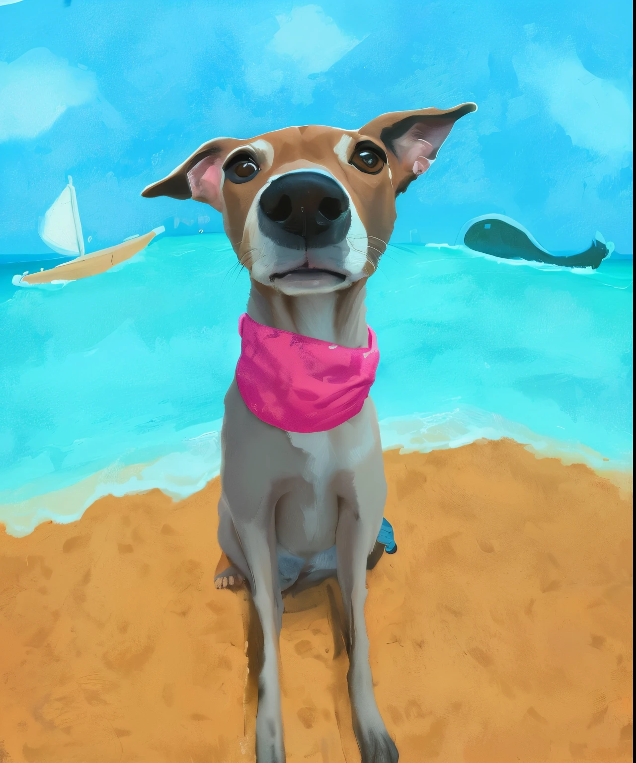 painting of a dog on the beach wearing a pink bandana, stylized digital illustration, painting of cute dog, "Portrait of a cartoon animal, digital illustration art, detailed digital illustration, artistic illustration, in style of digital painting, detailed portrait, Watercolor digital painting, Selected art, painted in high resolution, Beach, at a beach, thorn painting, in style of digital illustration