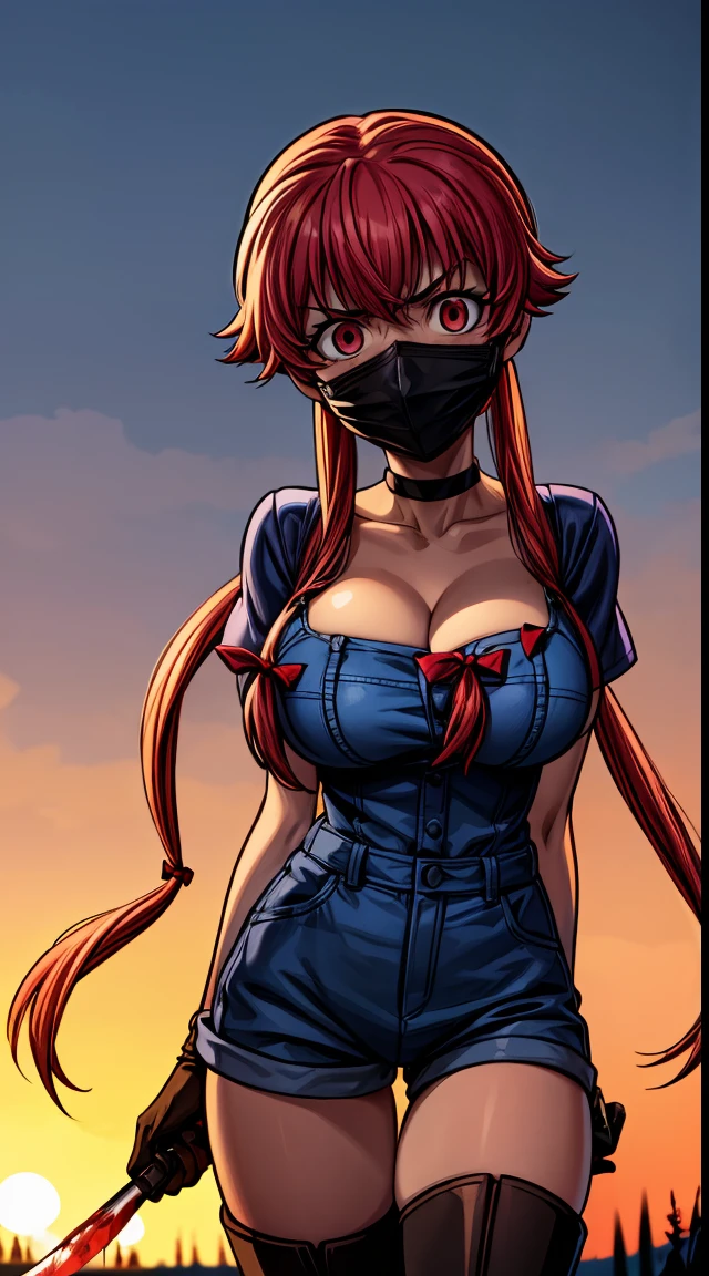 explicit, beautiful, amazing, high quality, detailed background, a woman with large breast in a woods, 1girl, breasts , , , pink hair, large breasts, twintails, long hair, solo focus, mirai nikki, black choker, dark grey overalls, leather gloves, black boots, ((face mask)), red eyes, chasing you through the woods, ((nigth)), crazy, ((crazy eyes)), ((crazy stare)) holding a bloody knife, (fanart of Gasai Yuno), (angry eyes:1.1), (perfect hands:1.4), (masterpiece), best quality, expressive eyes, VHS, ((nigth)), (Parfect Hand:1.3), 4k, 8k, 1980s, from below, (standing over you), wearing a jacket, (Blood:1.1)