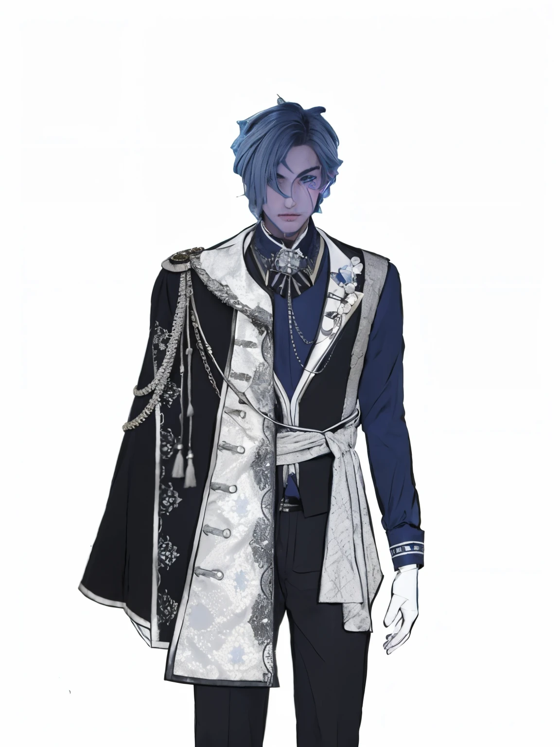 A mam, with silver hair, Blue eyes, royal clothes, right bangs combed to the side and left bangs covering the eyes. Has a handsome sharp face and wears royal clothes