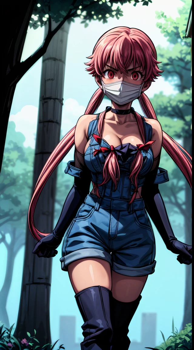 explicit, beautiful, amazing, high quality, detailed background, a woman with large breast in a woods, 1girl, breasts , , , pink hair, large breasts, twintails, long hair, solo focus, mirai nikki, black choker, dark grey overalls, leather gloves, black boots, ((face mask)), red eyes, chasing you through the woods, ((nigth)), crazy, ((crazy eyes)), ((crazy stare)) holding a bloody knife, (fanart of Gasai Yuno), (angry eyes:1.1), (perfect hands:1.4), (masterpiece), best quality, expressive eyes, VHS, ((nigth)), (Parfect Hand:1.3), 4k, 8k, 1980s, from below, (standing over you), wearing a jacket, (Blood:1.1)