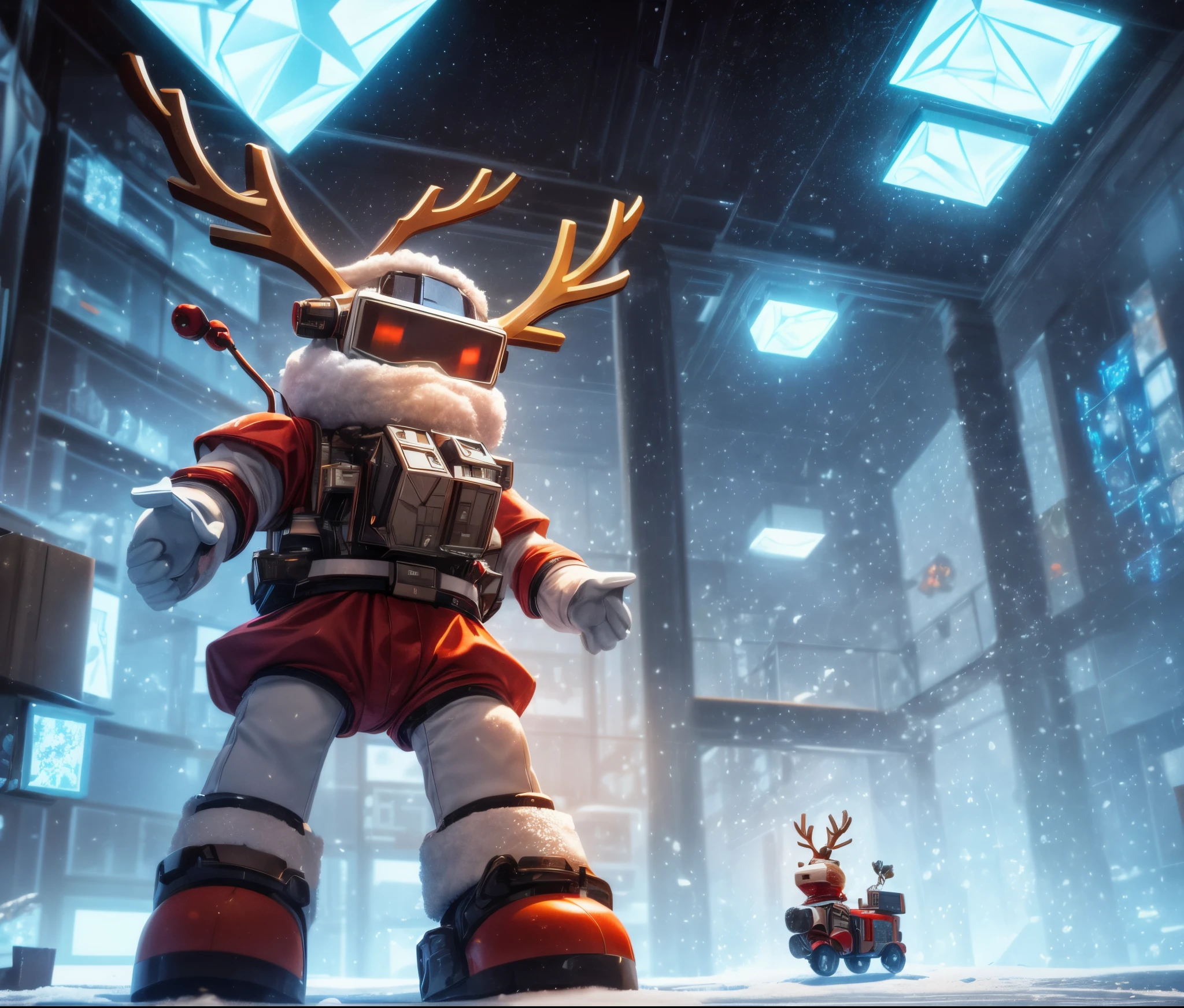 Reindeer, (blind box toy style:1.2), nuttcraker toy, (Full Body Shot) , 1 Transparent Santa claus, Behind him is a snowman and reindeer, snowflakes, Transparent mecha, Exquisite Helmet:1.2, glowing goggles:1.2, Cyberpunk, Dreamy Glow, Luminous neon lamp, clean, white background, ( Global illumination, raytracing, HDR, unreal render,reasonable design, high detailed, masterpiece, best quality, UHD, Cinematic Lighting)