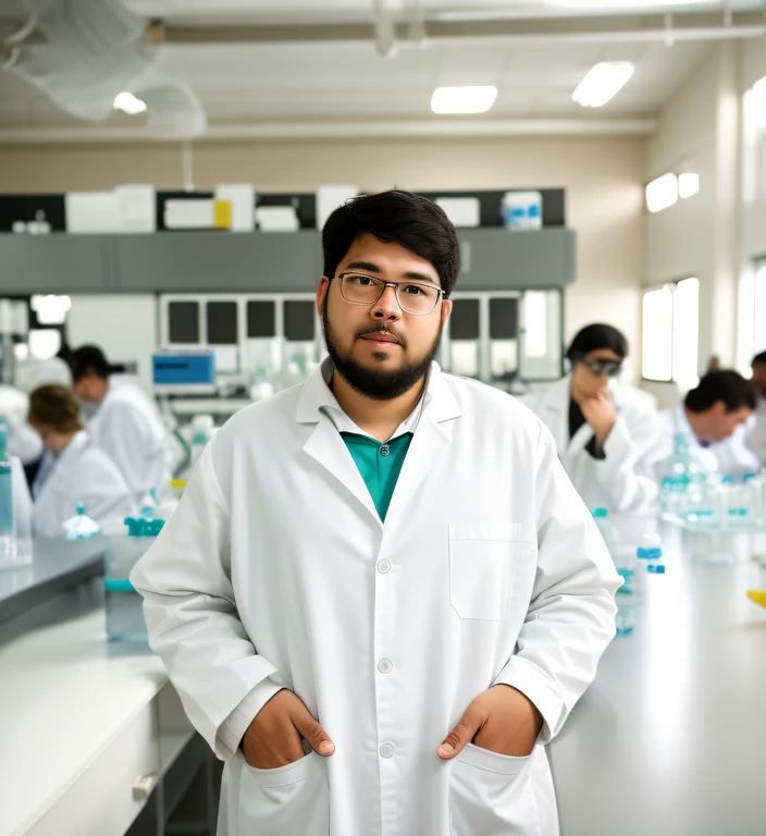 there is a man in a lab coat standing in a lab, stood in a lab, in laboratory, in a lab, wearing lab coat, wearing lab coat and glasses, with a lab coat, in a cluttered lab, experiment in laboratory, wearing a lab coat, in a laboratory, candid picture, very very low quality picture, wearing a labcoat