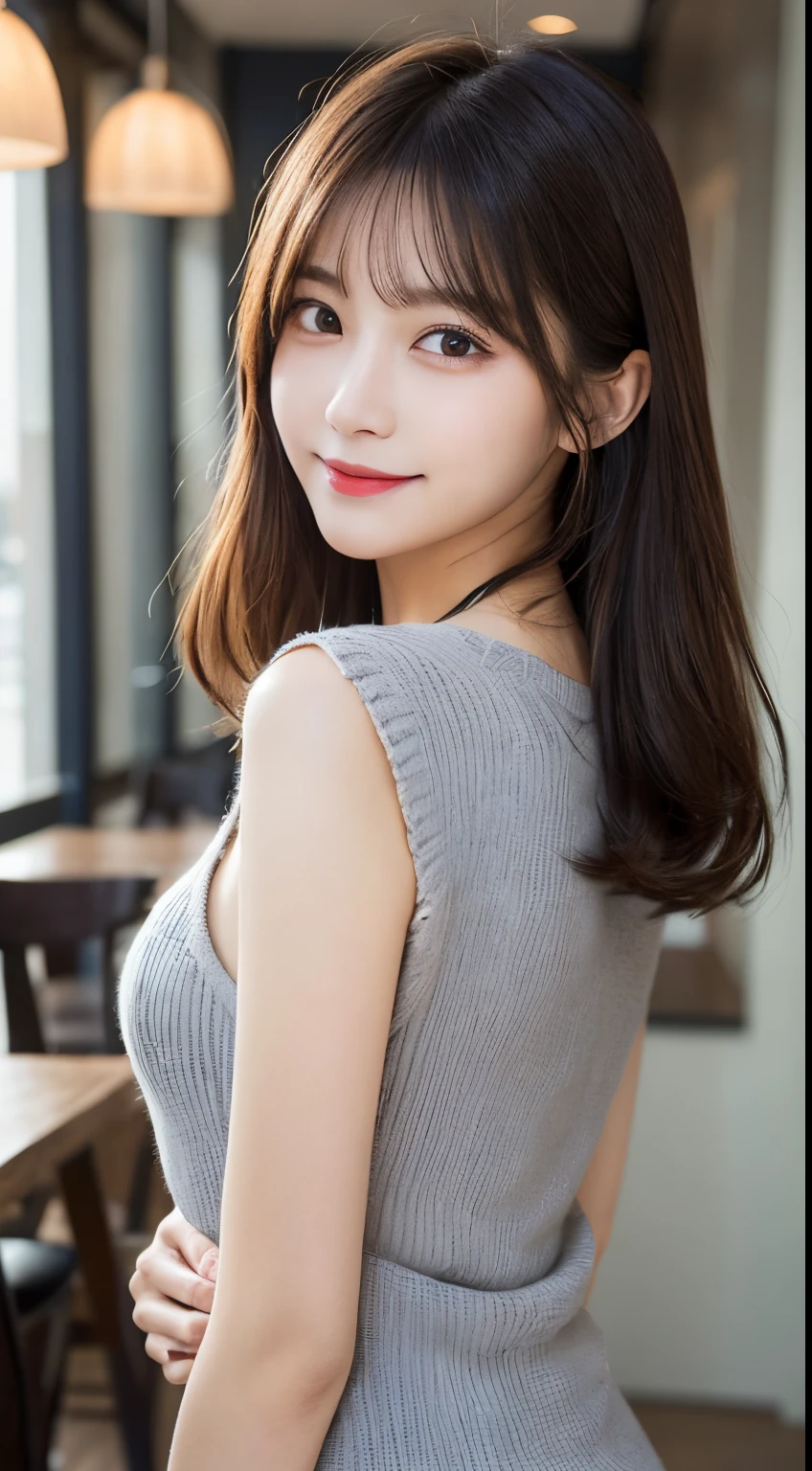 masutepiece, Best Quality, Illustration, Ultra-detailed, finely detail, hight resolution, 8K Wallpaper, Perfect dynamic composition, Beautiful detailed eyes, Wearing a navy knit dress,small tits,Natural Color Lip, sexypose,Smile,20 years girl、Cute、Sexy shot looking at camera,Background blur,KPOP Idol Face,Shot in a cute café,slender face,slender body,Stretch your back