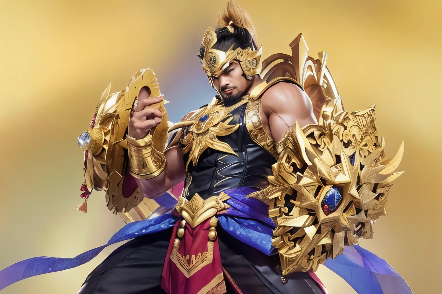 Indonesian man, star on the chest, moscular body, big Shield on the hand