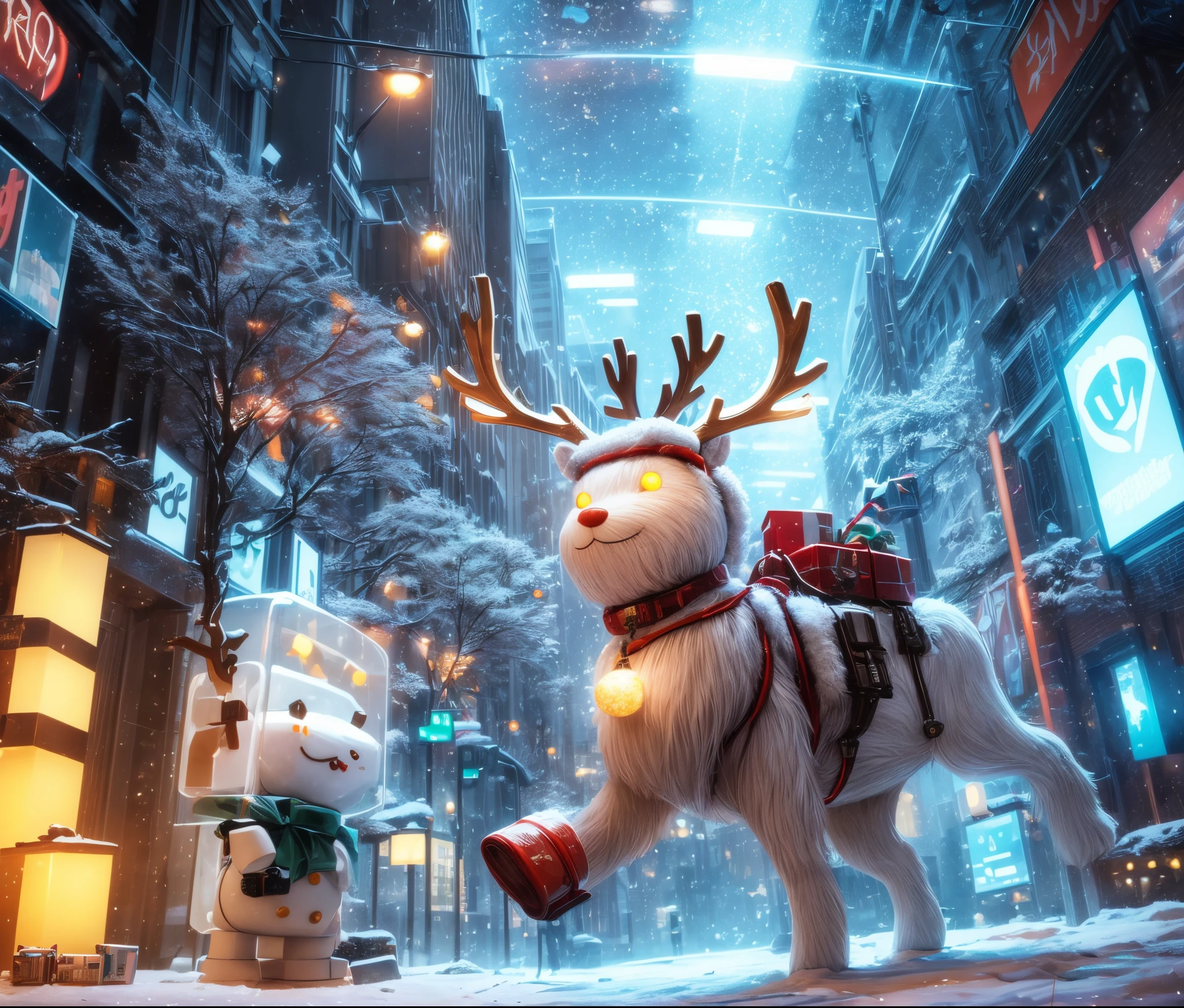 Reindeer, (blind box toy style:1.2), nuttcraker toy, (Full Body Shot) ,  1 Transparent Santa claus, Behind him is a snowman and reindeer, snowflakes, Transparent mecha, Exquisite Helmet:1.2, glowing goggles:1.2, Cyberpunk, Dreamy Glow, Luminous neon lamp, clean, white background, ( Global illumination, raytracing, HDR, unreal render,reasonable design, high detailed, masterpiece, best quality, UHD, Cinematic Lighting)