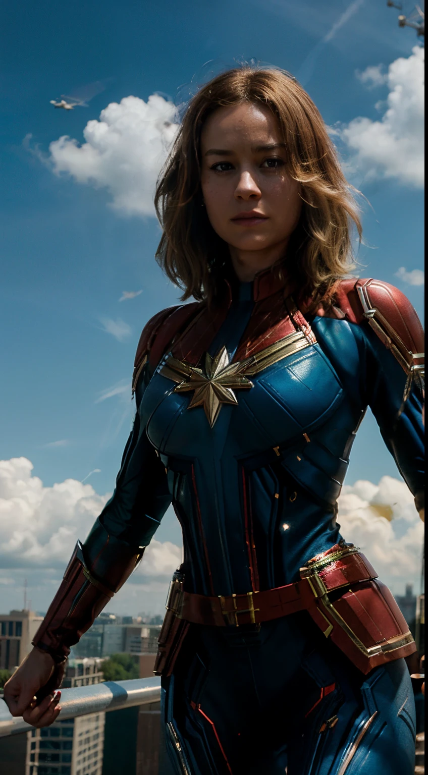 Perfect picture of brie larson as captain marvel, flying in the sky, in a beautiful pose, ultra realistic, photorealistic, ultra hd