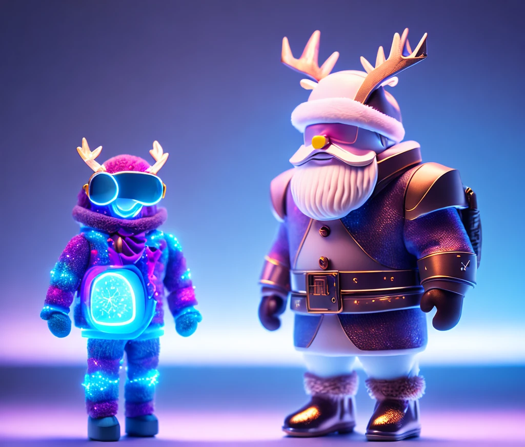 Reindeer, (blind box toy style:1.2), nuttcraker toy, (Full Body Shot) , 1 Transparent Santa claus, Behind him is a snowman and reindeer, snowflakes, Transparent mecha, Exquisite Helmet:1.2, glowing goggles:1.2, Cyberpunk, Dreamy Glow, Luminous neon lamp, clean, white background, ( Global illumination, raytracing, HDR, unreal render,reasonable design, high detailed, masterpiece, best quality, UHD, Cinematic Lighting)