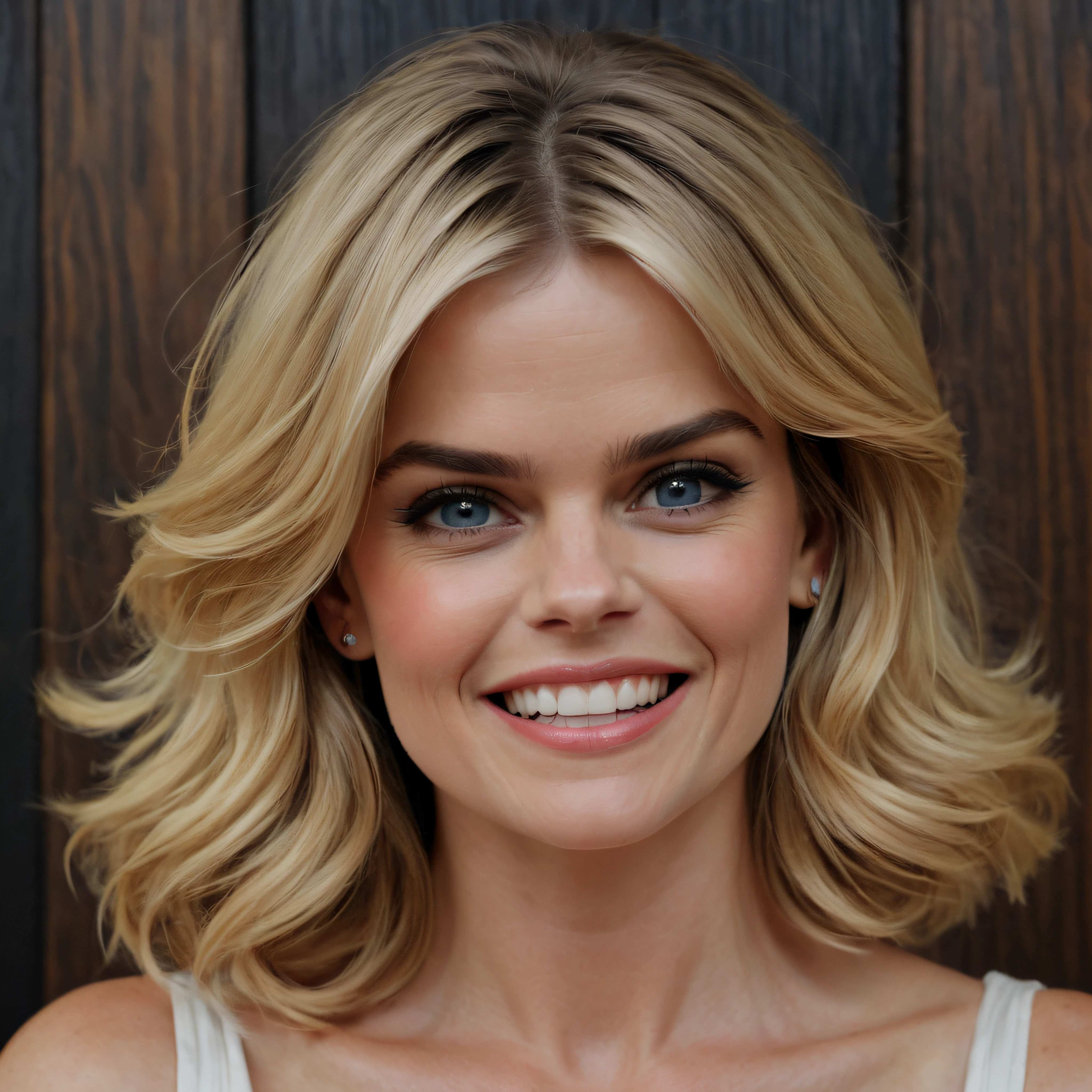 Alice Eve, smiling a big, toothy smile, close-up, facial portrait, a dark, stained wood panel wall in the background, professional quality Oil painting in the art style of Gilbert Stuart, 32k UHD, hyper realistic, photorealistic, realistic, extremely colorful, highly detailed, sharp, vibrant, masterpiece, best quality, intricate details, gorgeous, cinematic, vibrant, focused, clear