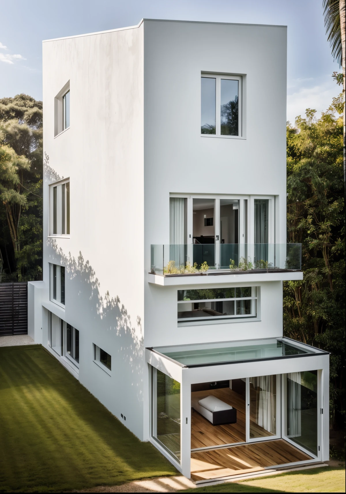 RAW photo,Masterpiece, high quality, best quality, authentic, super detail,
outdoors, home style modern in countryside, (minimalist architecture), white wall, galss windows, indoors furniture,
tropical garden, Garden and walkway in front 
daylight,soft light, trees, blue sky