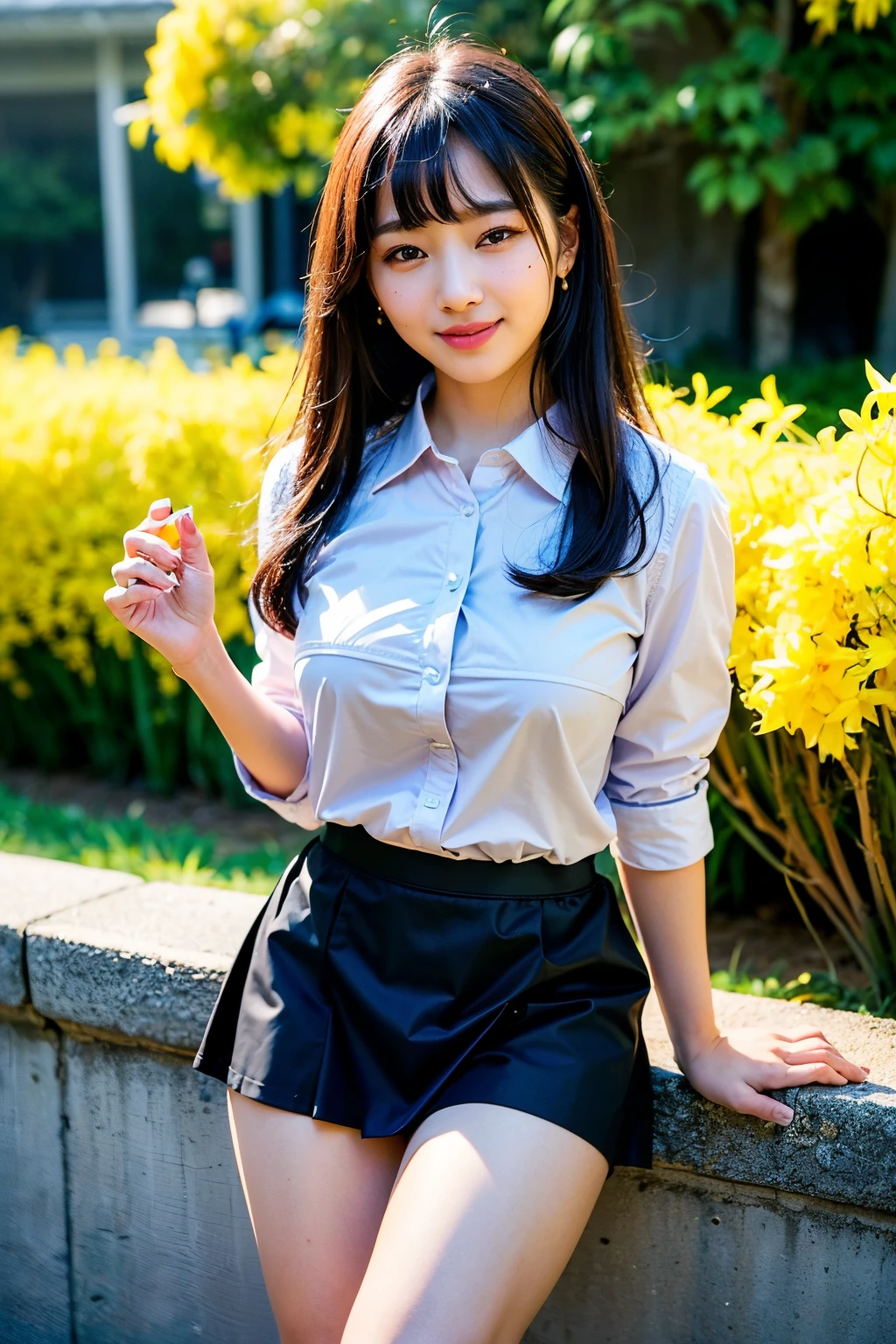 One super beautiful beautiful Korean woman,masutepiece, Best Quality, Ultra-detailed, finely detail, hight resolution, in 8K, ((Photorealsitic:1.4, Raw photography, 超A high resolution,Top image quality: 1.4)), ((Super Korean idol-class beauty:1.3)), (face is round and small), （((The nose is symmetrical and narrow:1.4))）,(The ratio of the transcendental nose is symmetrical and small and high.),Wallpaper, ((1 with perfect full body composition.5)), Beautiful detailed eyes, Natural Color Lip, ((a serene smile:1.5)), ((Random and cute bangs see-through hairstyle)), ((Wear a random collared shirt:1.5)), ((big breast size：1.5、cleavage of the breast:1.2)), ((Wear a random cute mid-length skirt:1.5)), ((Only one mole just above the tear bag:1.2)),((Forsythia in the background:1.4)), ((random happy expression)),Highly detailed and natural lighting)),((thigh visible:1.5)),BREAK((I hold the hand of someone other than myself that has reached out.：1.5)),date with a man：1.5,Looks like a random little devil：1.3,