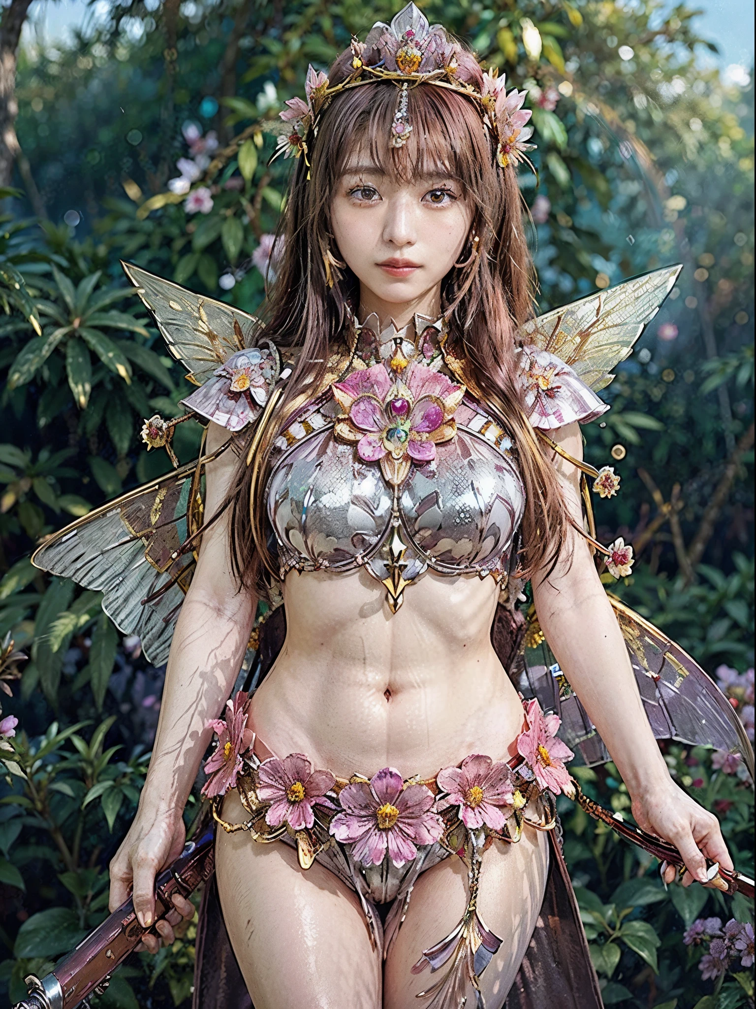 (masutepiece), Professional , ​masterpiece、top-quality、photos realistic , depth of fields （Gemstone Flower Metal Body:1.4),(Matte Silver Pink、Jewel Gold Weapon、（Gorgeous castle background）、（ultimate beauty girl）、（Flower rainbow fairy wings grow）、（Jewel Flower Metal Body:1.９),Gorgeous Jewel Metal Weapons , Detailed Sword of the Brave ,（ a blond）   ,warhammer 40k ,(（Floral Micro Bikini）)、Particles of light、（Beautiful flower garden background）、 adepta sororitas,Detail and ornate jewel crown、独奏、Brown hair、（Gangle's forest background）、Beautiful Caucasian beauty、１a person、dynamic ungle,(((Diamond tiara with detail and luxury)))、a small face、Powerful poses、（Gorgeous castle background）、huge filesize、20 year old beautiful woman、Thin female fingers、Straight long hair、Beautiful Caucasian beauty、Valley、Fairy of Light、Particles of light、