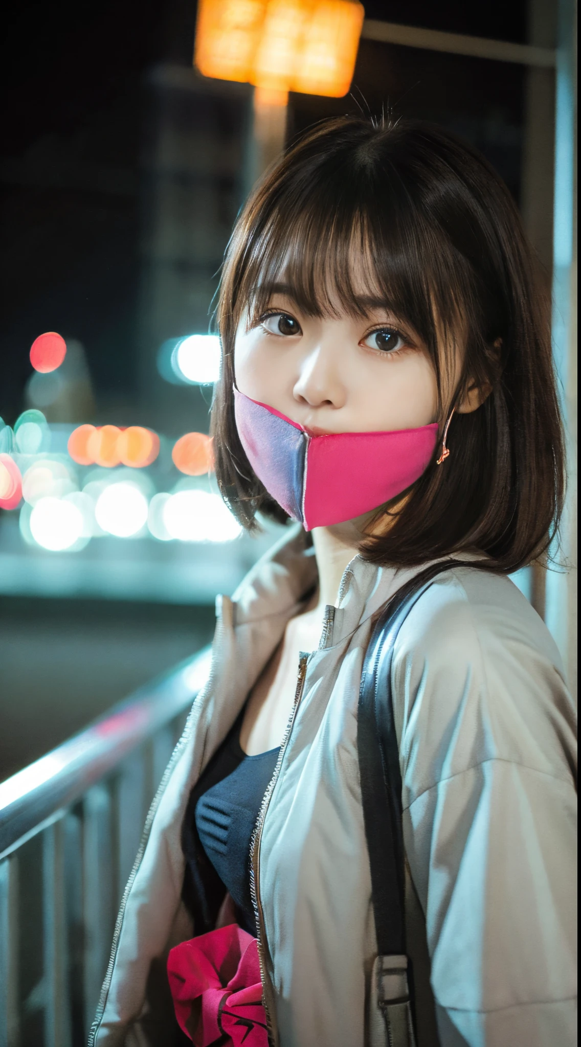 Portrait, 1 girl, Beautiful face, Asymmetrical hair, Multi-colored hair, Belt bag, body suit, covered mouth, Covered navel, Detached sleeves, grey  eyes, hip vent, Open jacket, Cute, look at viewr, nightcity, neons, rainy,