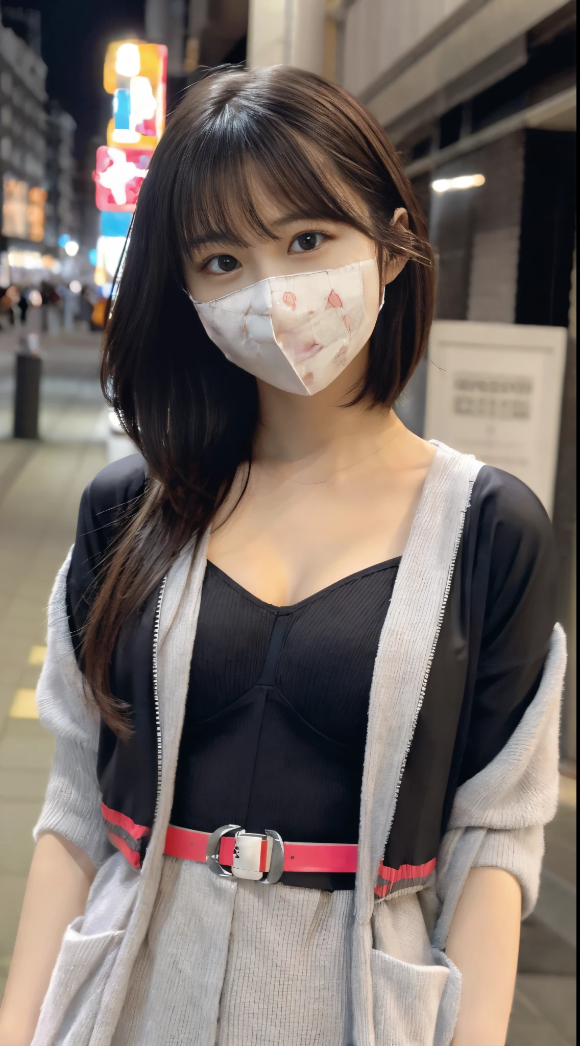 Portrait, 1 girl, Beautiful face, Asymmetrical hair, Multi-colored hair, Belt bag, body suit, covered mouth, Covered navel, Detached sleeves, grey eyes, hip vent, Open jacket, Cute, look at viewr, nightcity, neons, rainy,