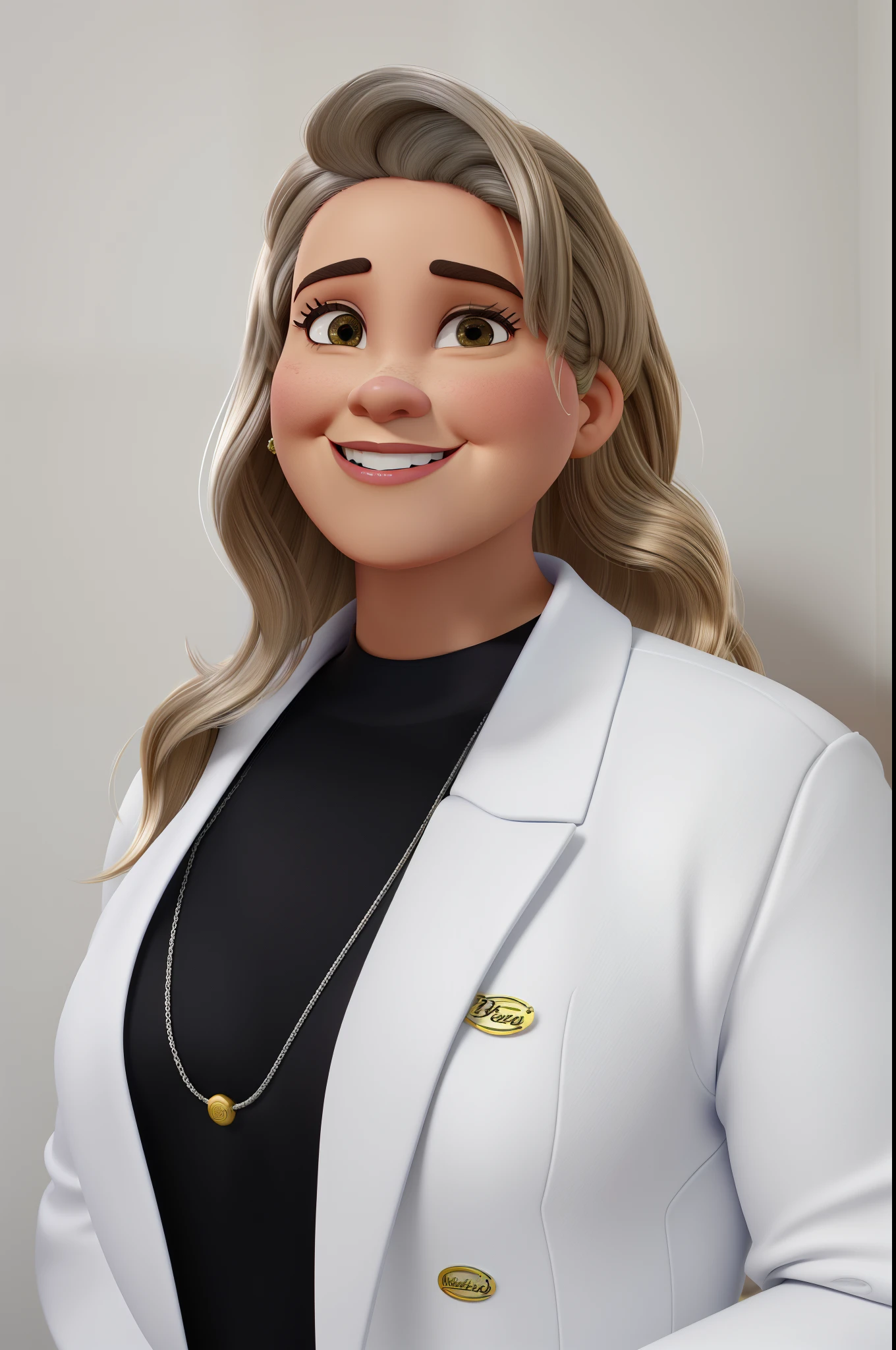 Uma mulher de 35 anos, cabelos longos e loiros, grande sorriso olhos negros, acima do peso, bochechas gordas, vestindo um jaleco branco, no estilo Disney Pixar, alta qualidade, melhor qualidade
