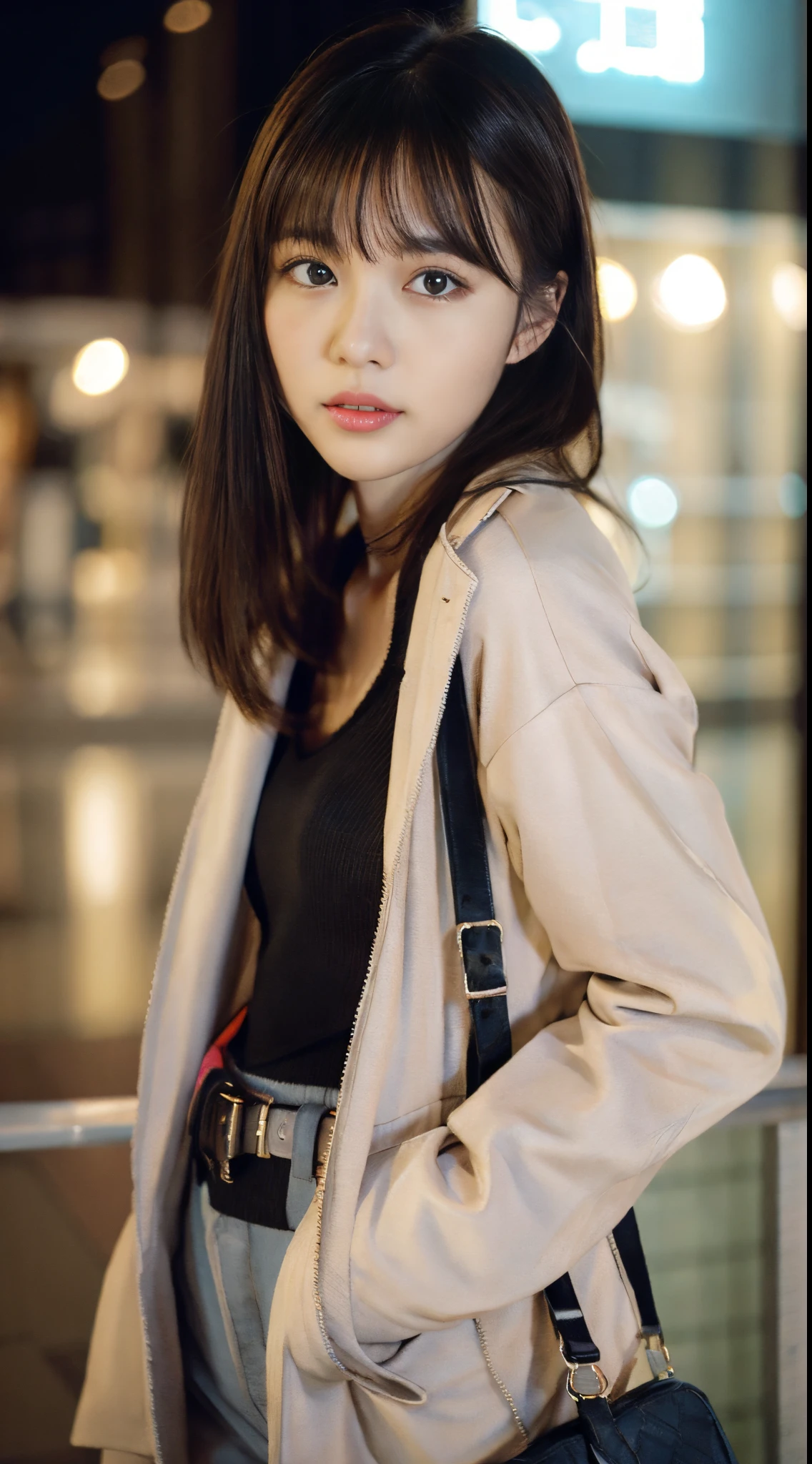 Portrait, 1 girl, Beautiful face, Asymmetrical hair, Multi-colored hair, Belt bag, body suit, covered mouth, Covered navel, Detached sleeves, grey  eyes, hip vent, Open jacket, Cute, look at viewr, nightcity, neons, rainy,