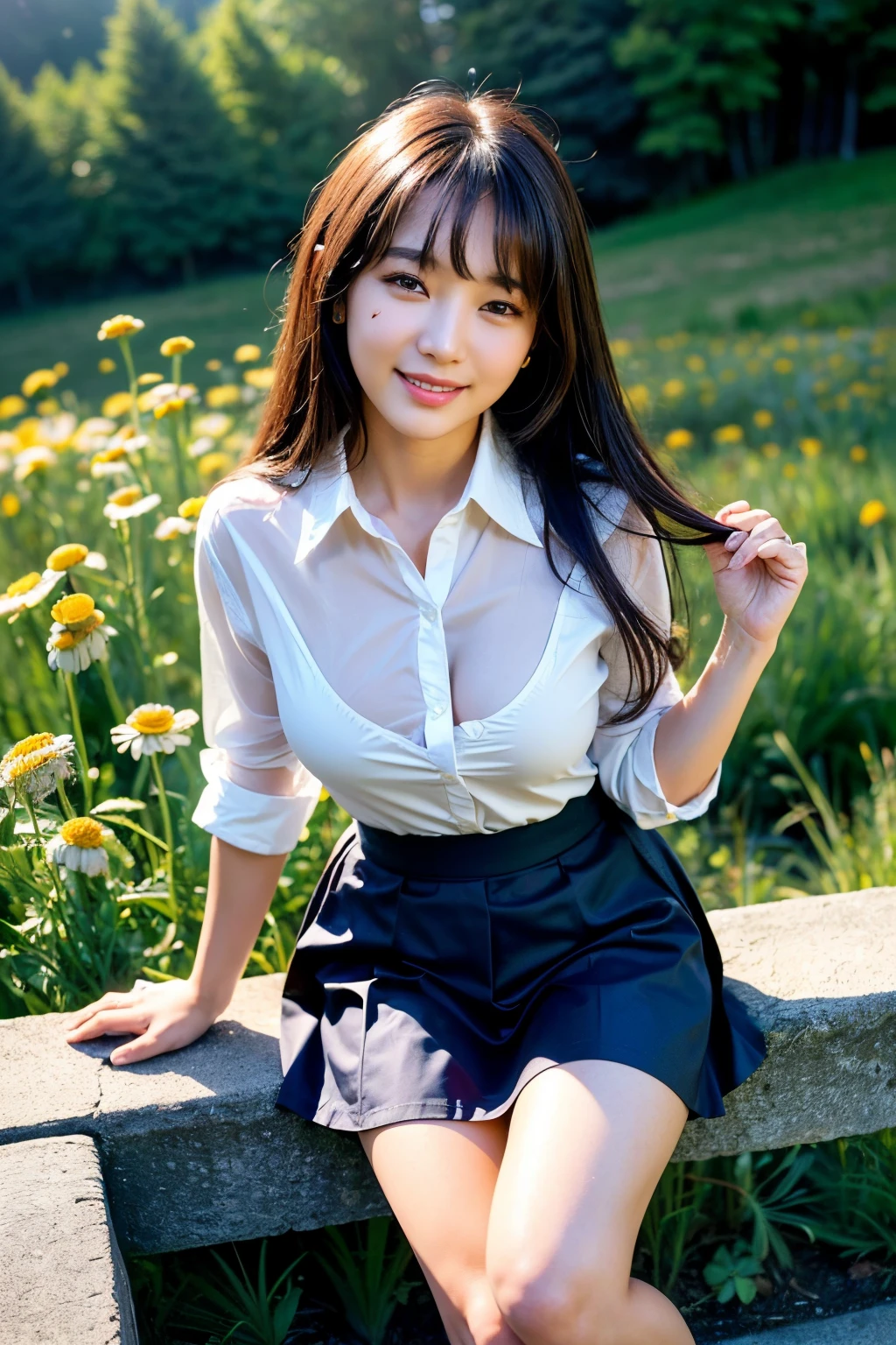 One super beautiful beautiful Korean woman,masutepiece, Best Quality, Ultra-detailed, finely detail, hight resolution, in 8K, ((Photorealsitic:1.4, Raw photography, 超A high resolution,Top image quality: 1.4)), ((Super Korean idol-class beauty:1.3)), (face is round and small), (((The nose is symmetrical and narrow:1.4))),(The ratio of the transcendental nose is symmetrical and small and high.),Wallpaper, ((1 with perfect full body composition.5)), Beautiful detailed eyes, Natural Color Lip, ((a serene smile:1.5)), ((Random and cute bangs see-through hairstyle)), ((Wear a random collared shirt:1.5)), ((big breast size:1.5、cleavage of the breast:1.2)), ((Wear a random cute mid-length skirt:1.5)), ((Only one mole just above the tear bag:1.2)),((chamomile background:1.4)), ((random happy expression)),Highly detailed and natural lighting)),((thigh visible:1.5)),BREAK((I hold the hand of someone other than myself that has reached out.:1.5)),date with a man:1.5,Looks like a random little devil:1.3,
