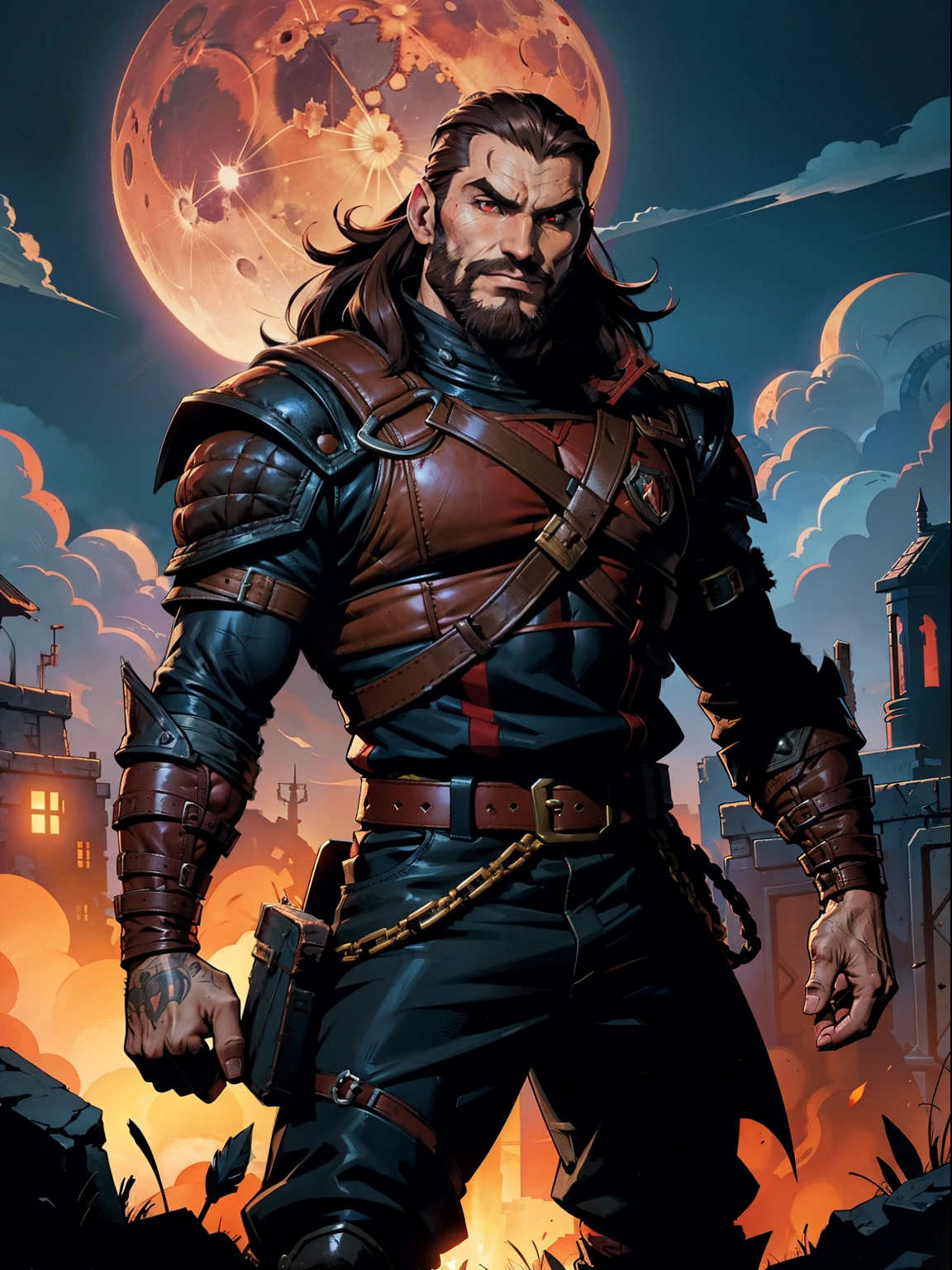 Dark night blood moon background, Darkest Dungeon style, game portrait. Vinnie Jones as Sadurang from Marvel comics, heavy athlete, short mane of brown hair, mullet, stubble beard, 30 years old, {{glowing red eyes}}. Wily smile, badass, dangerous. Wearing military uniform, {{{scales}}}. Villian, badass. Hit pose.