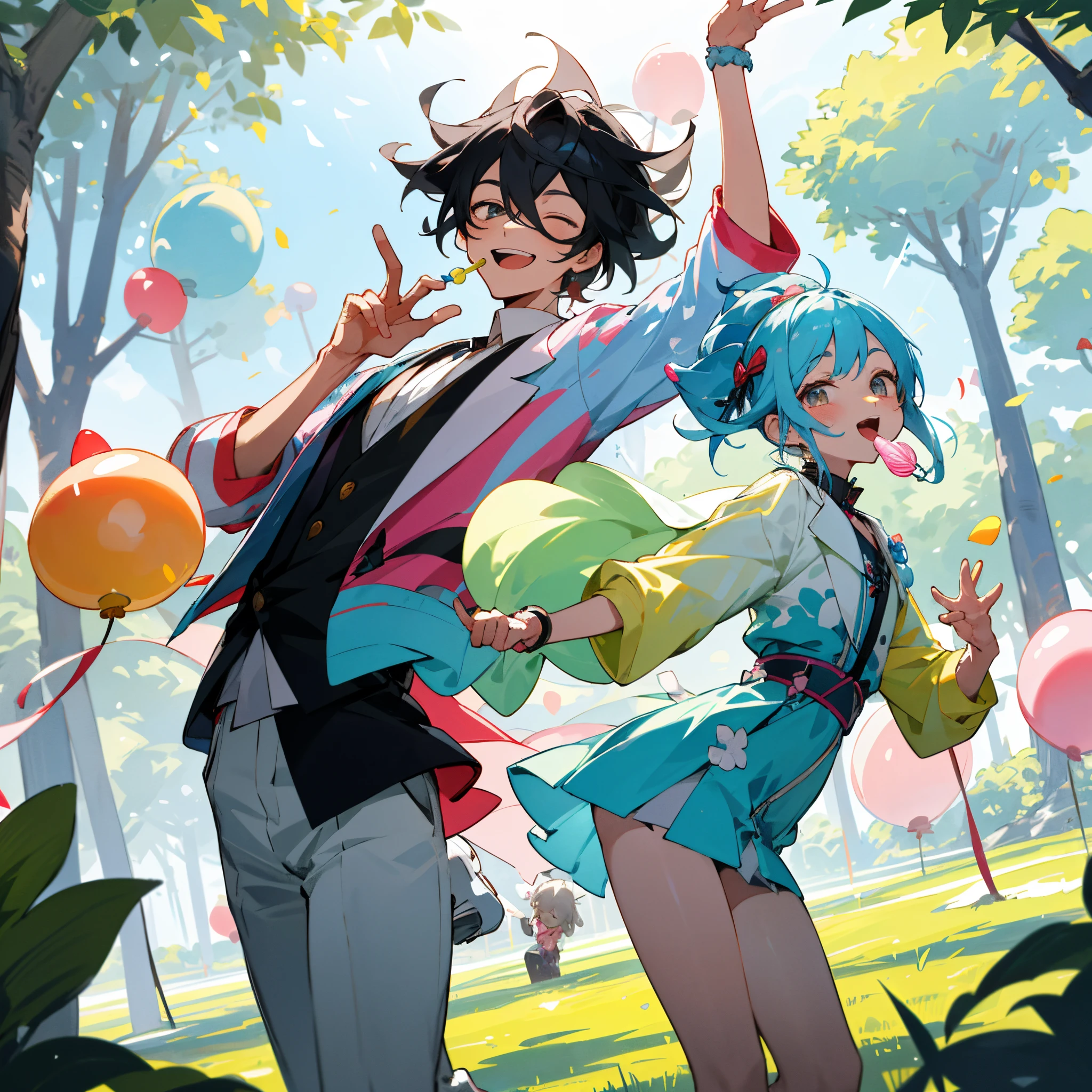 （tmasterpiece，best qualtiy），a bright summer day，Sunlight shines through the treetops in the lush park。A stylish blanket is spread on the grass，There is cheerful music and laughter in the background。A group of energetic young men and women，Wear fashionable and casual clothing，Each holding colorful lollipops in their hands。The smile is bright，Eyes full of happiness。Left side of the screen，A man and a woman are having a relaxed conversation，Smile reveals a relaxed and happy atmosphere。Boy holding a lollipop in hand，The girl peeked at his candy naughtily。Right side of the screen，Another group of friends danced cheerfully，Also waving a lollipop in his hand，Dance full of youthful vitality。In the center of the screen，A huge colorful lollipop，As if he were the guide of this joy，attracting everyone around。Top of screen，Colorful balloons and ribbons are dancing in the air，Creates a fantastic atmosphere。