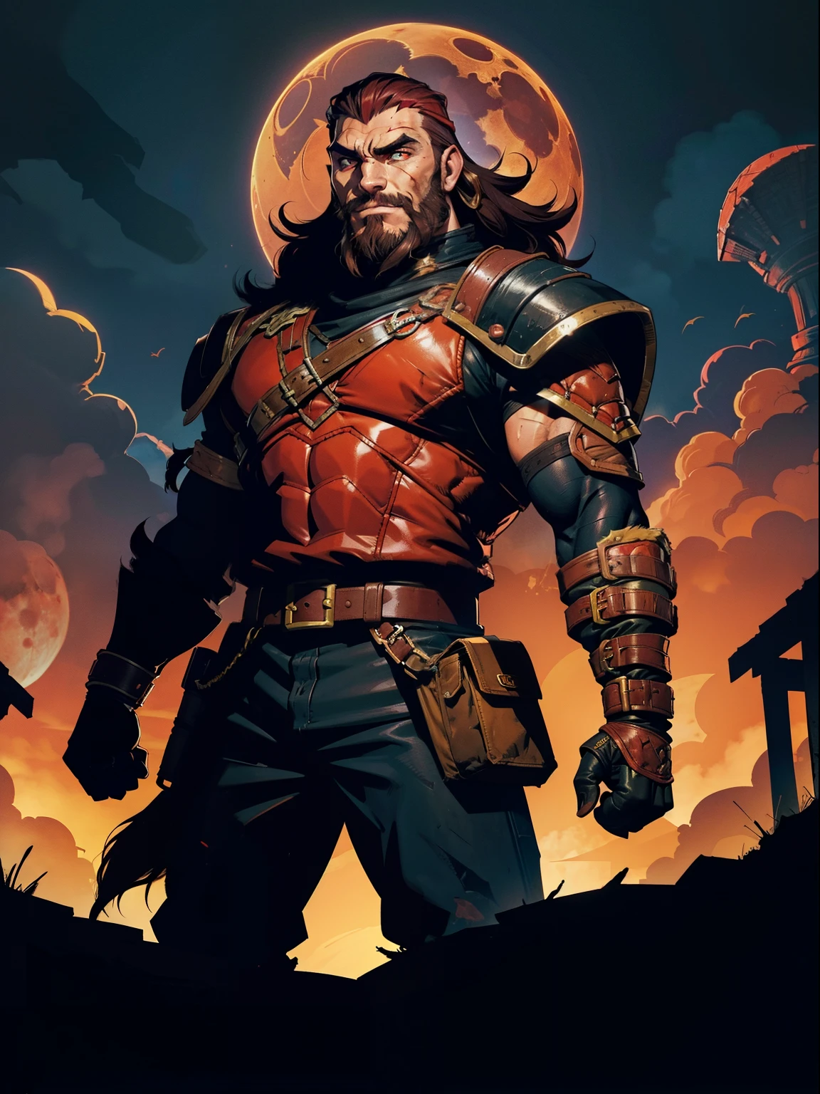 Dark night blood moon background, Darkest Dungeon style, game portrait. Vinnie Jones as Sadurang from Marvel comics, heavy athlete, short mane of brown hair, mullet, stubble beard, 30 years old, {{glowing red eyes}}.  Wily smile, badass, dangerous. Wearing military uniform, {{{scales}}}. Villian, badass. Hit pose.