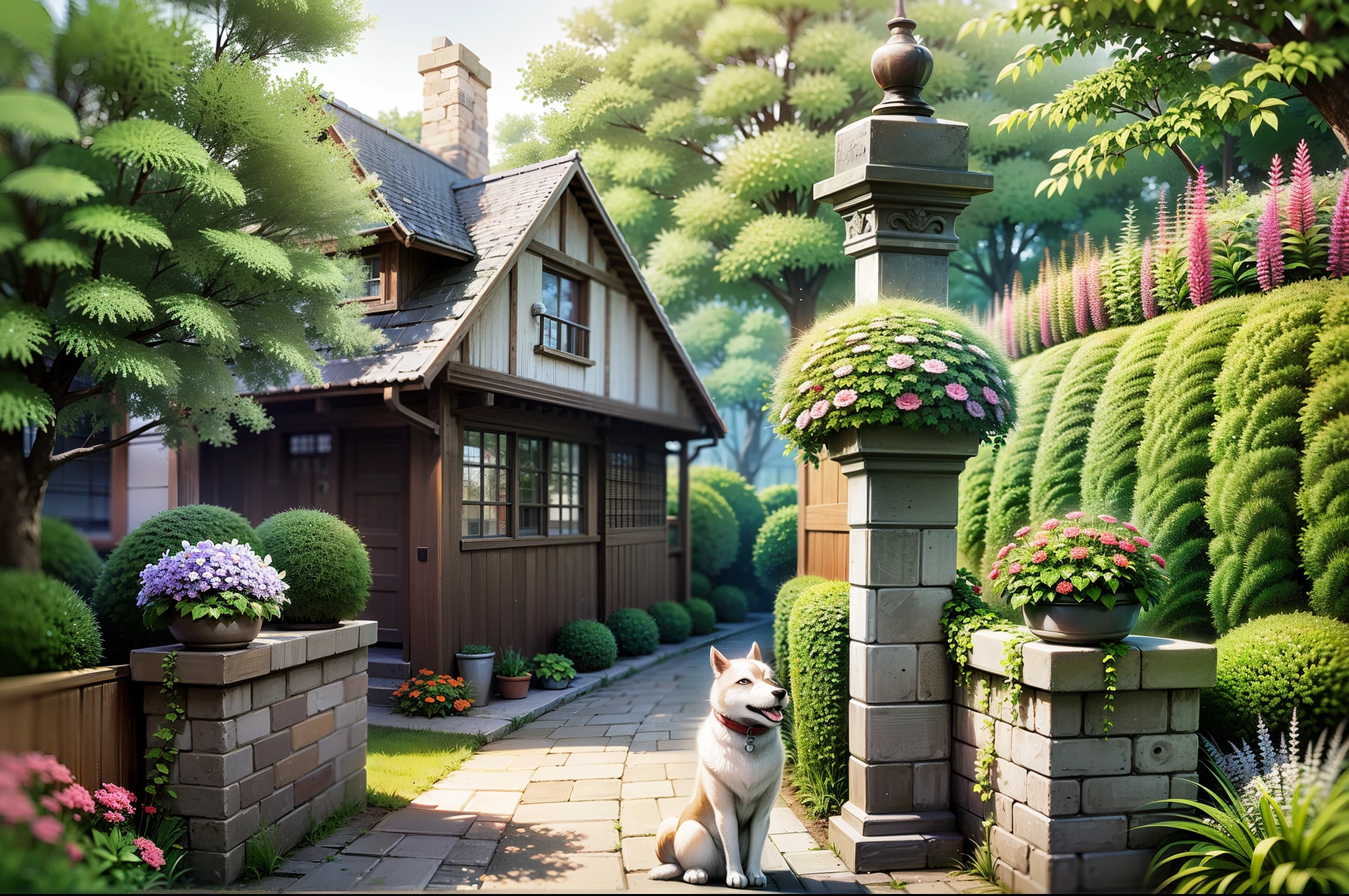 english home style, husky dog, Florian garden, daylight scene, England --auto --s2